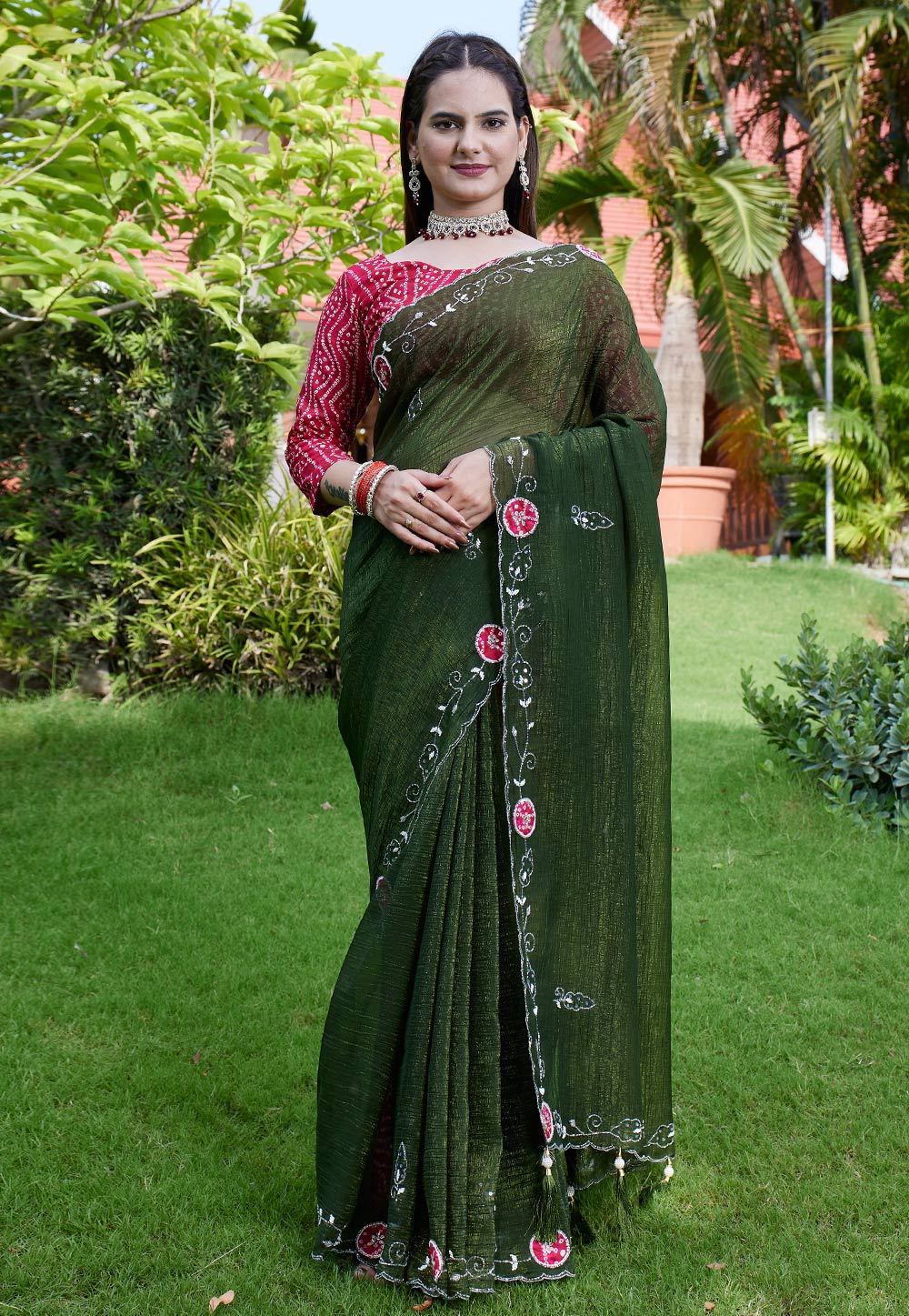 Mehndi Chiffon Saree With Blouse 311480