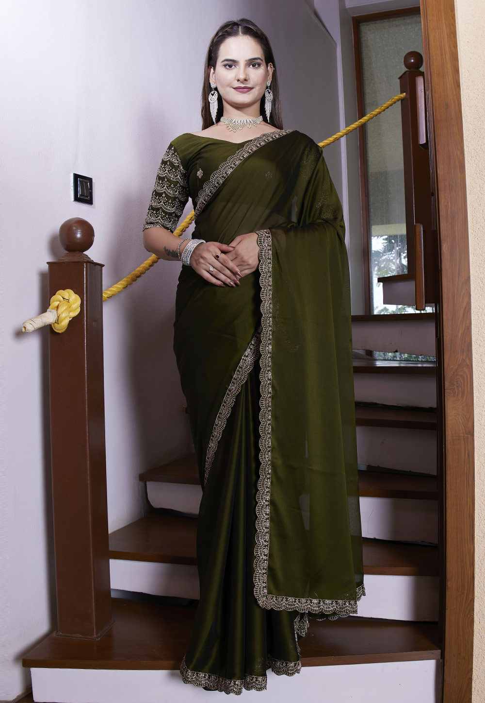 Mehndi Chiffon Saree With Blouse 311491