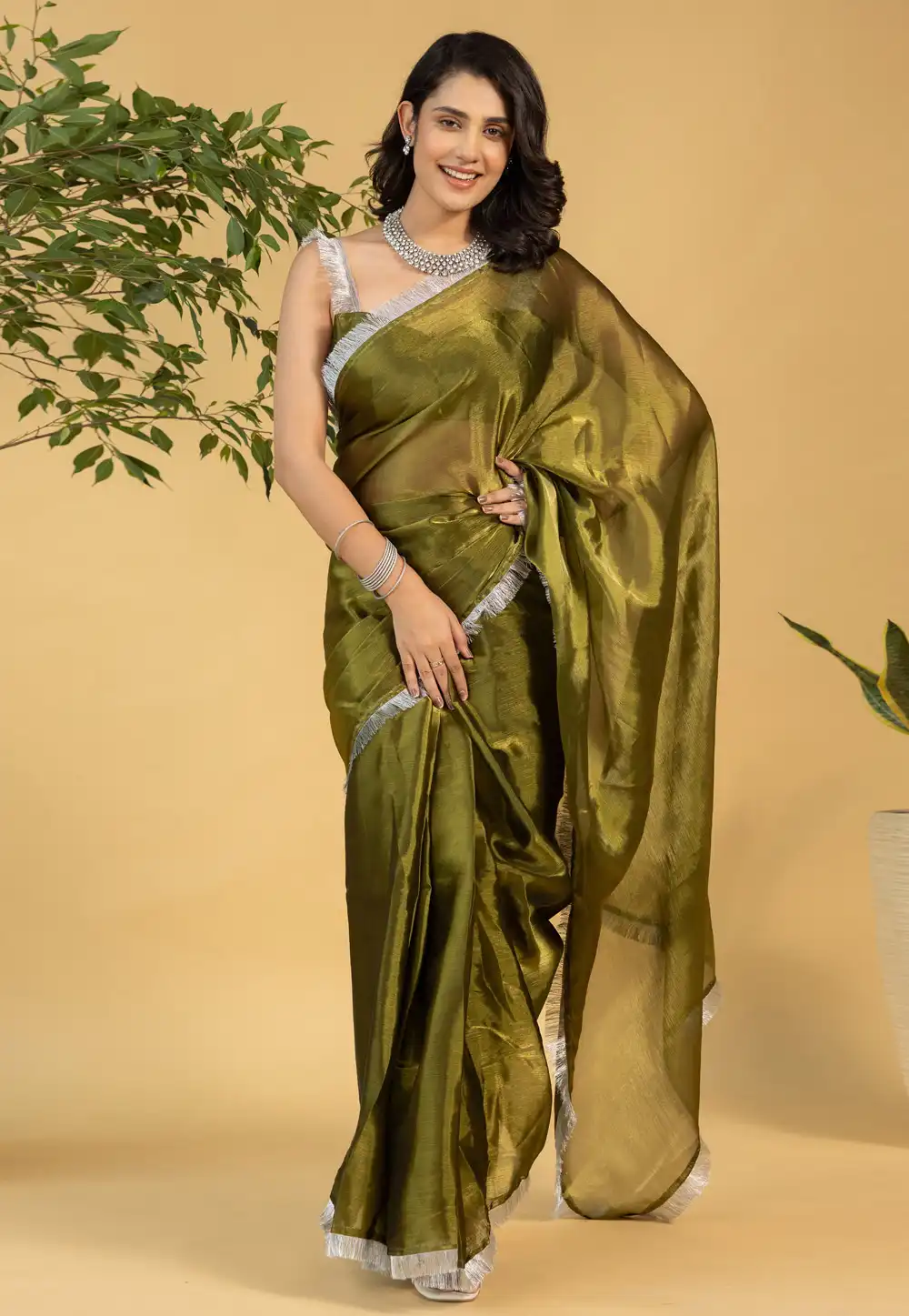 Mehndi Chiffon Saree With Blouse 311575