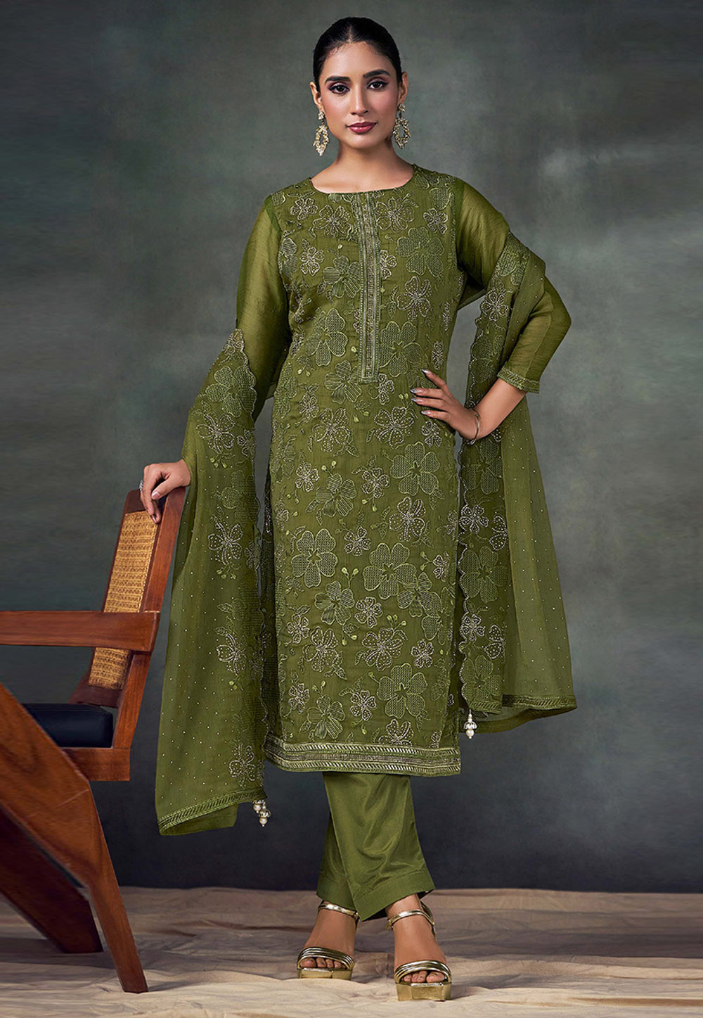 Mehndi Chiffon Straight Suit 324813
