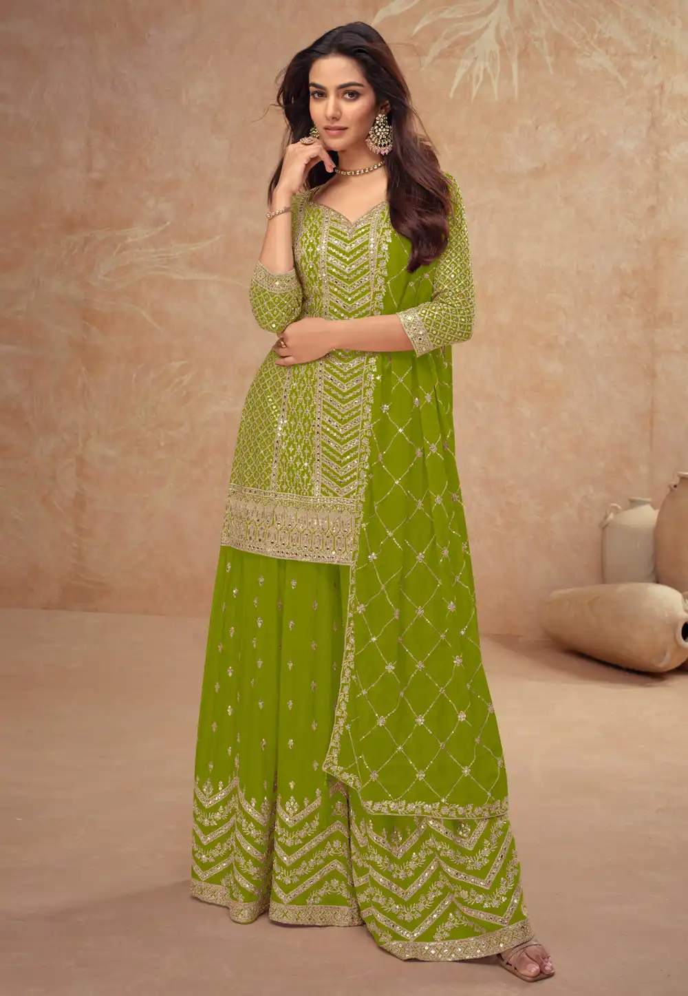 Mehndi Chinon Embroidered Palazzo Suit 318754