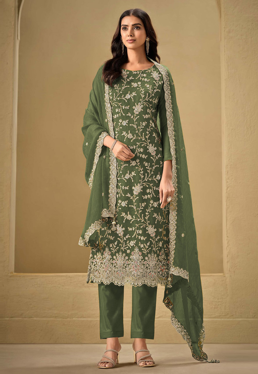 Mehndi Chinon Embroidered Straight Suit 305312