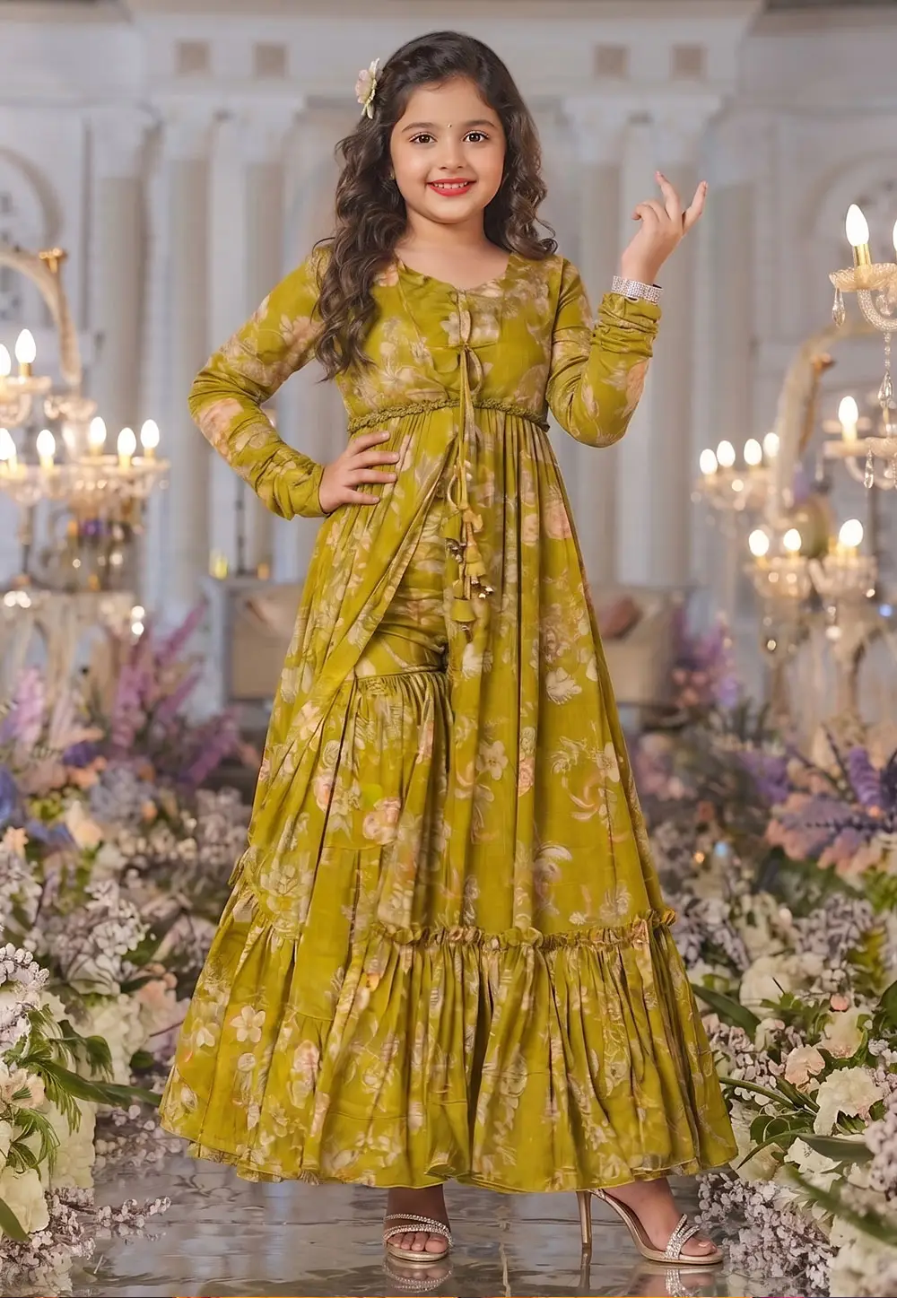Mehndi Chinon Girls Jacket Style Suit 336852