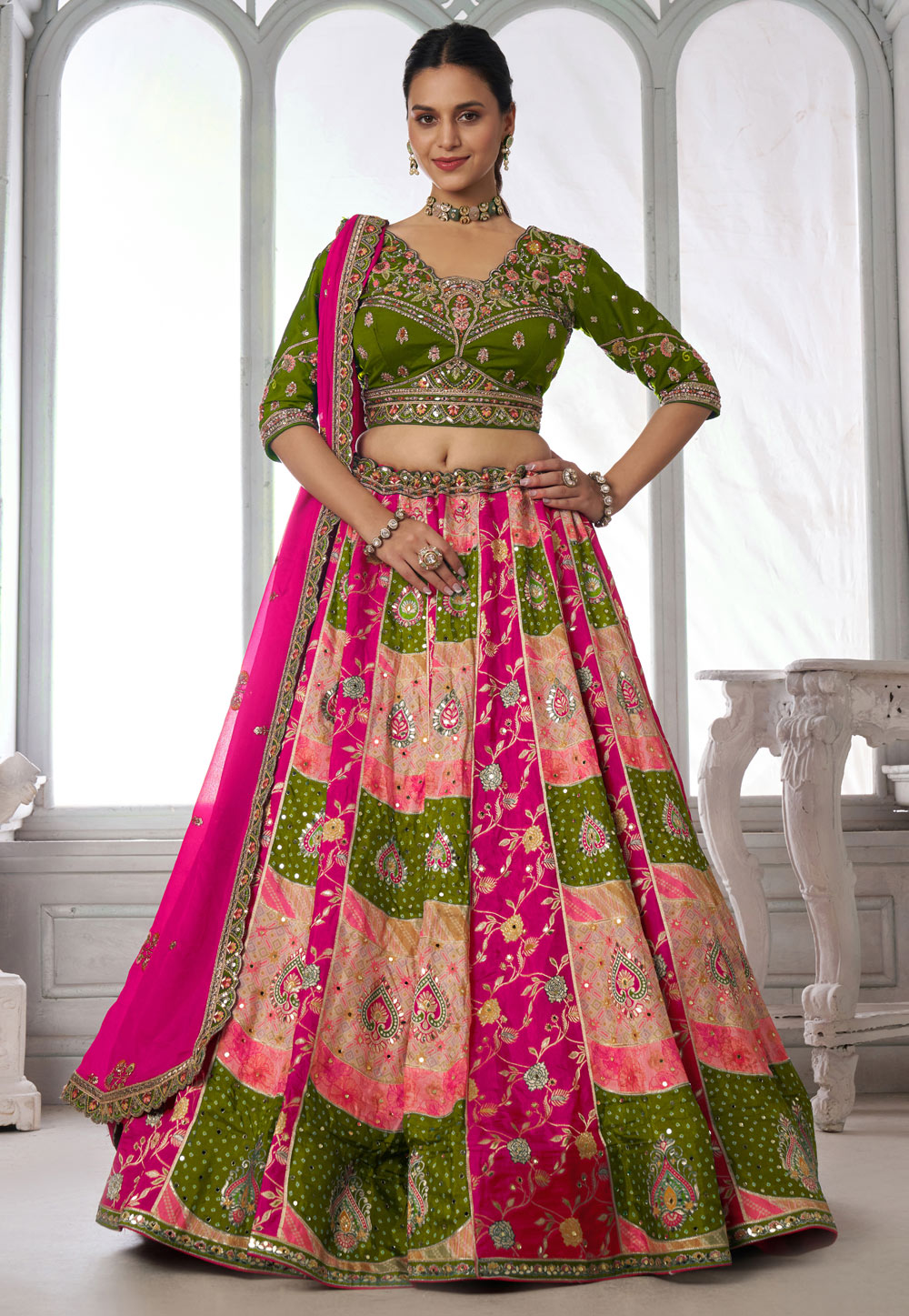 Mehndi Chinon Lehenga Choli For Wedding 329402