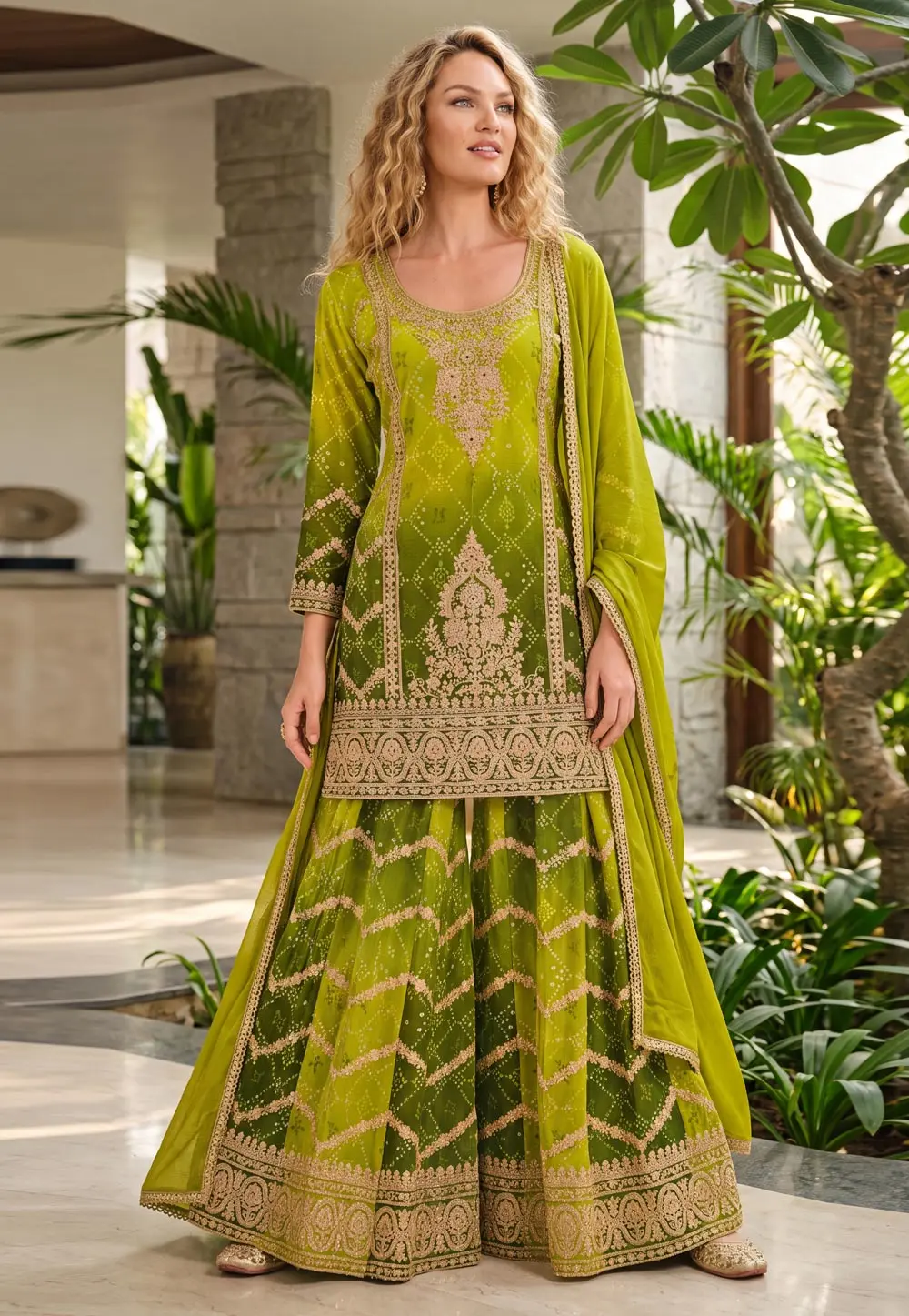 Mehndi Chinon Pakistani Suit 331617