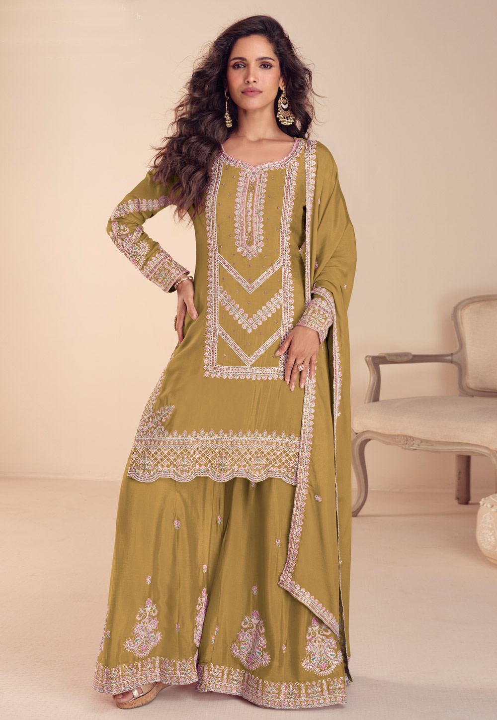 Mehndi Chinon Pakistani Suit 325560
