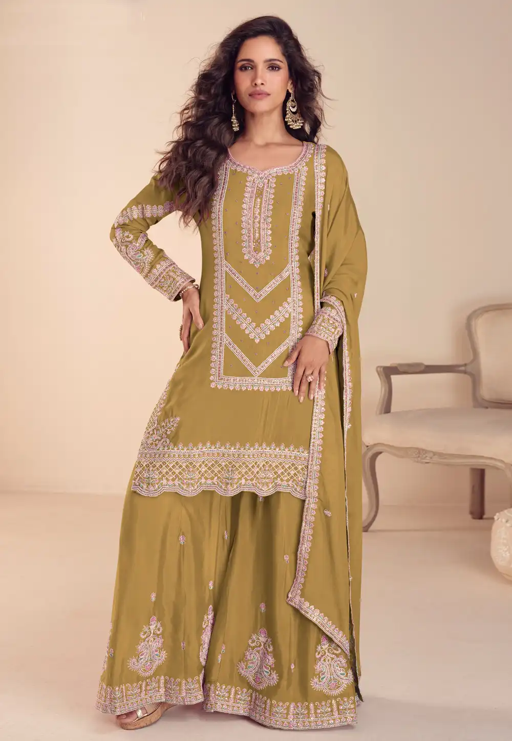 Mehndi Chinon Pakistani Suit 325560