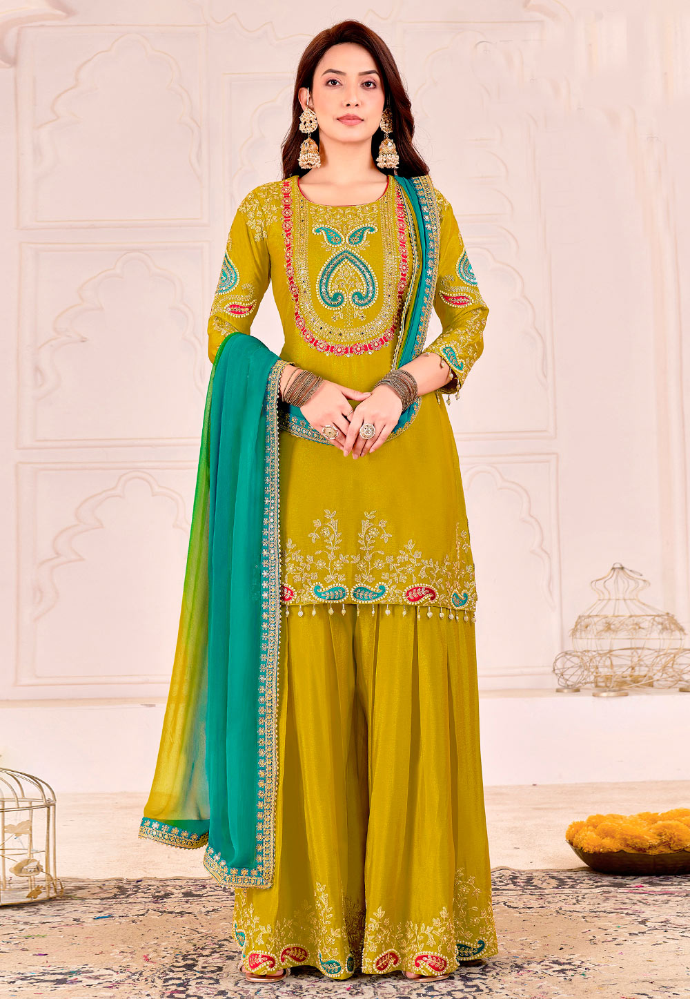 Mehndi Chinon Palazzo Suit 320538