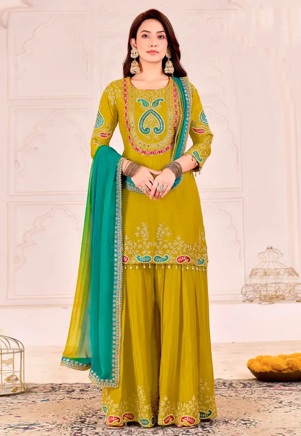 Mehndi Chinon Palazzo Suit 320538