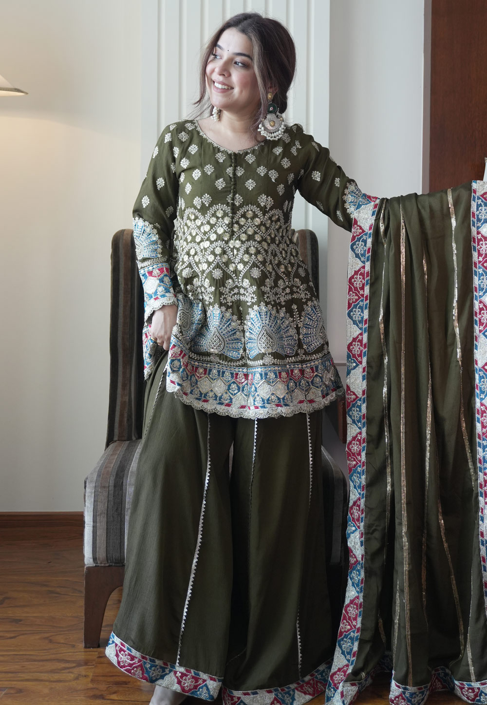 Mehndi Chinon Readymade Pakistani Suit 324893