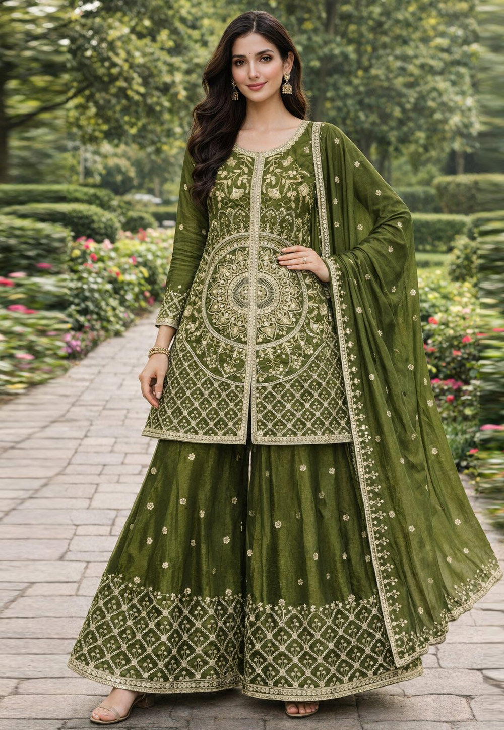 Mehndi Chinon Readymade Pakistani Suit 327140