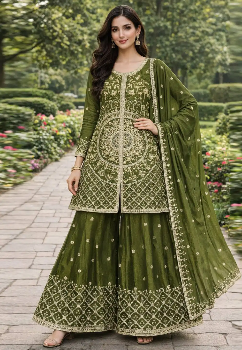 Mehndi Chinon Readymade Pakistani Suit 327140