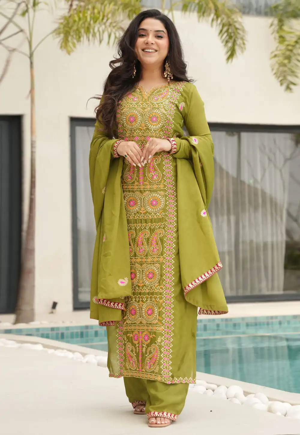 Mehndi Chinon Readymade Pant Style Suit 323101