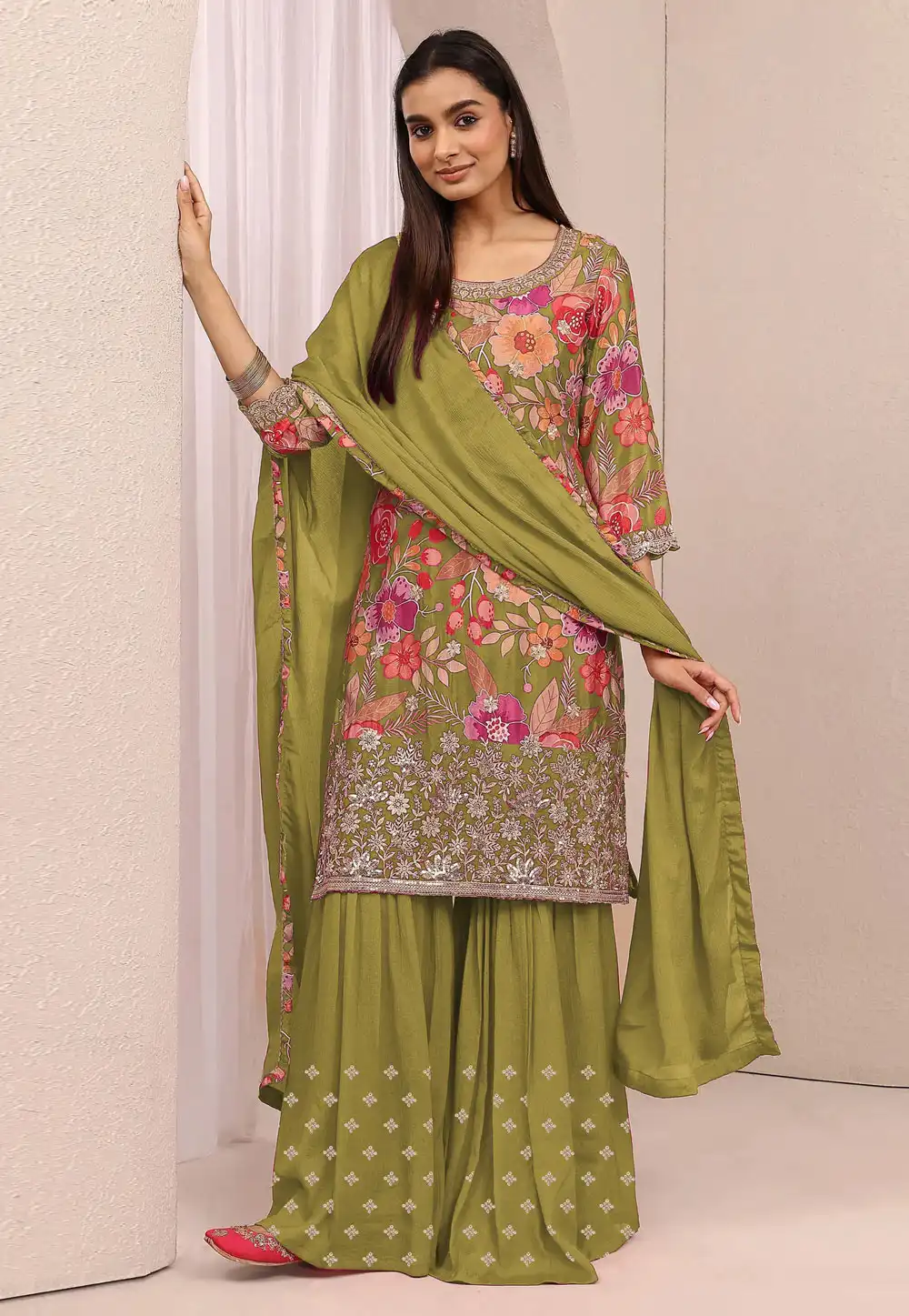 Mehndi Chinon Sharara Suit 329169