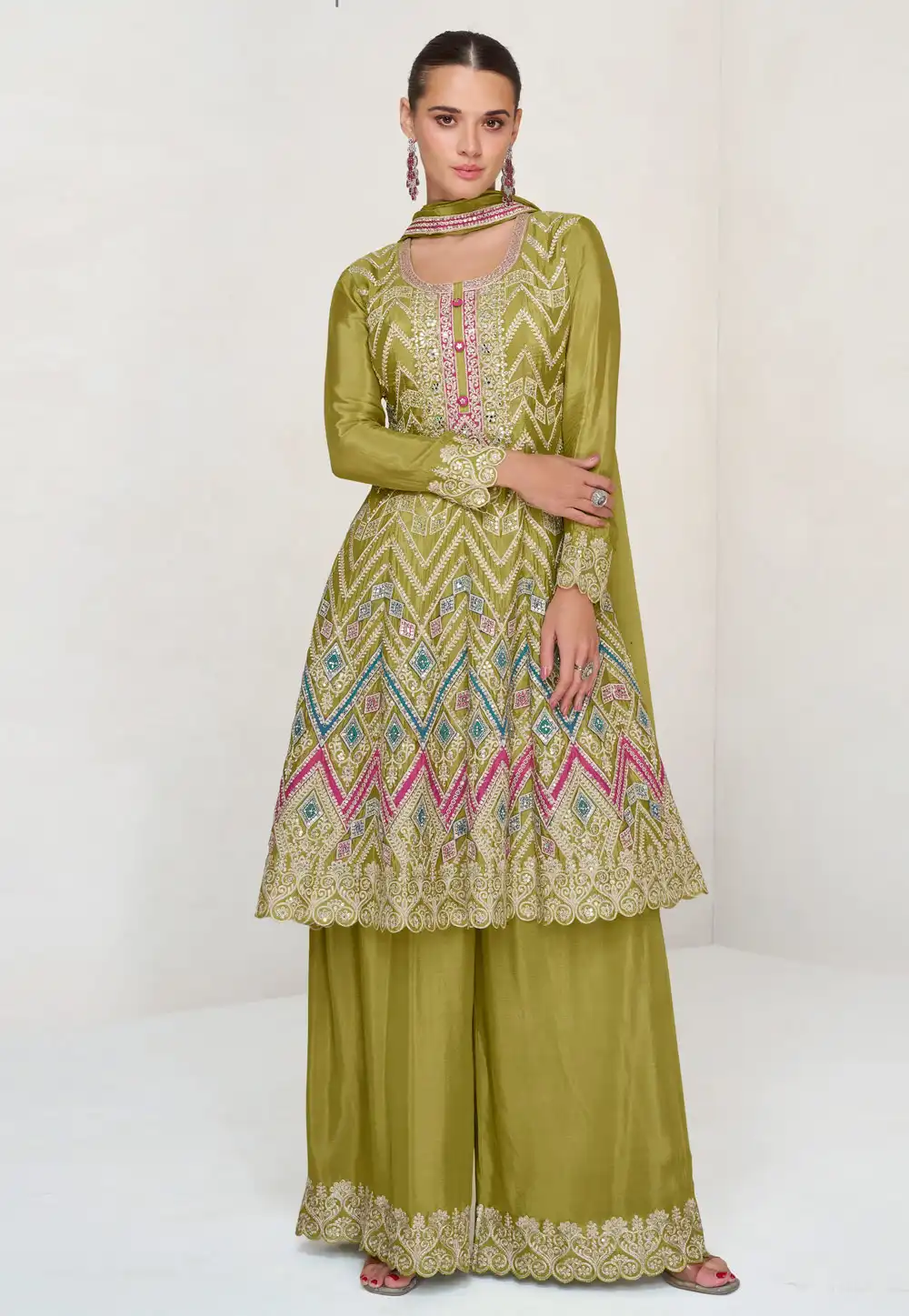 Mehndi Chinon Silk Embroidered Pakistani Suit 293331