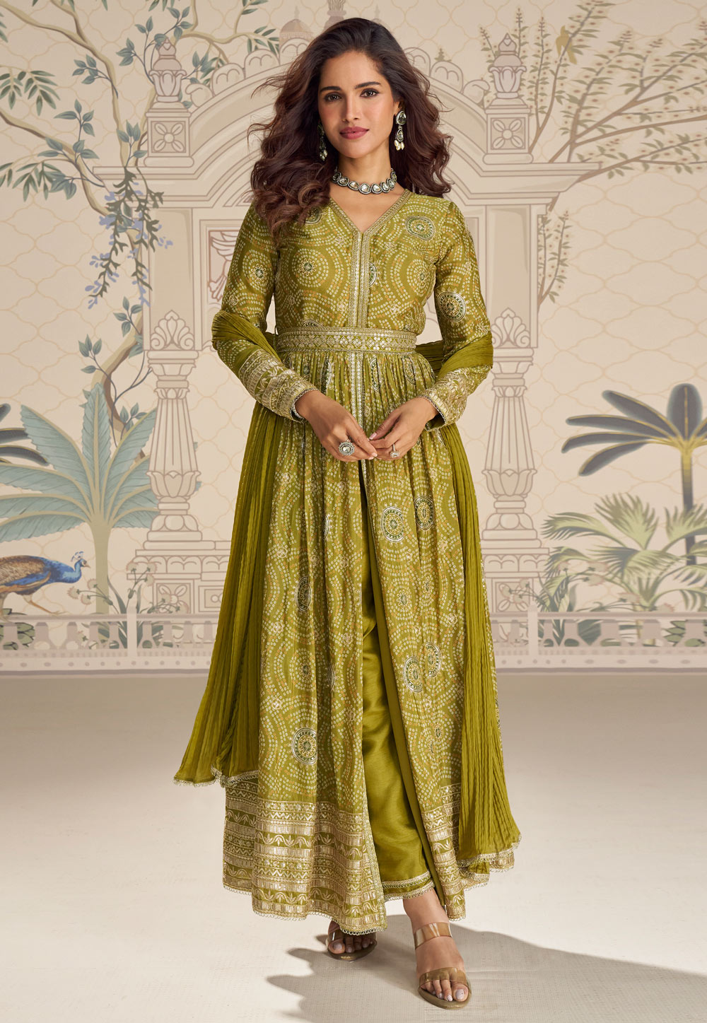 Mehndi Chinon Silk Long Anarkali Suit 326114