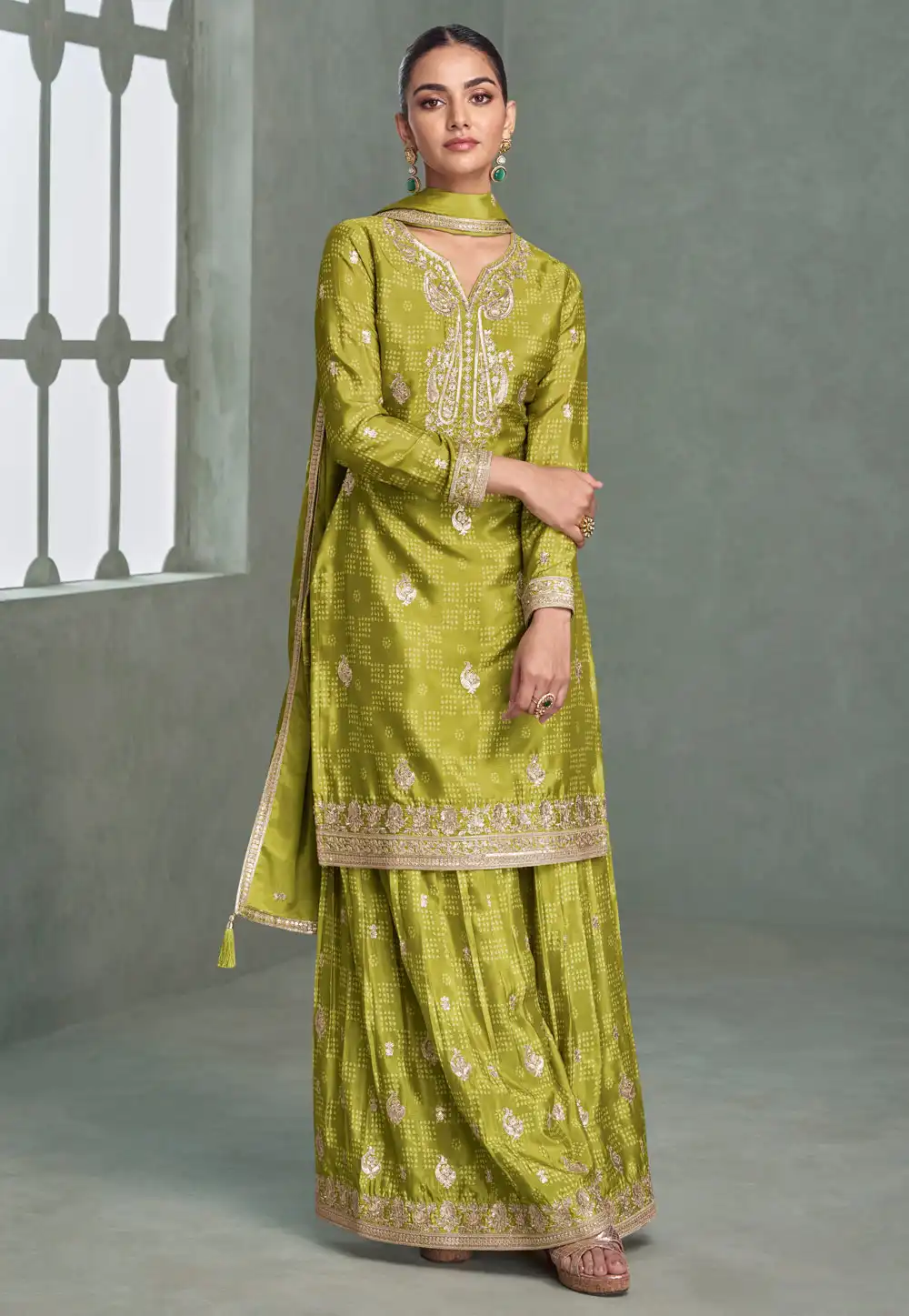 Mehndi Chinon Silk Pakistani Suit 315497