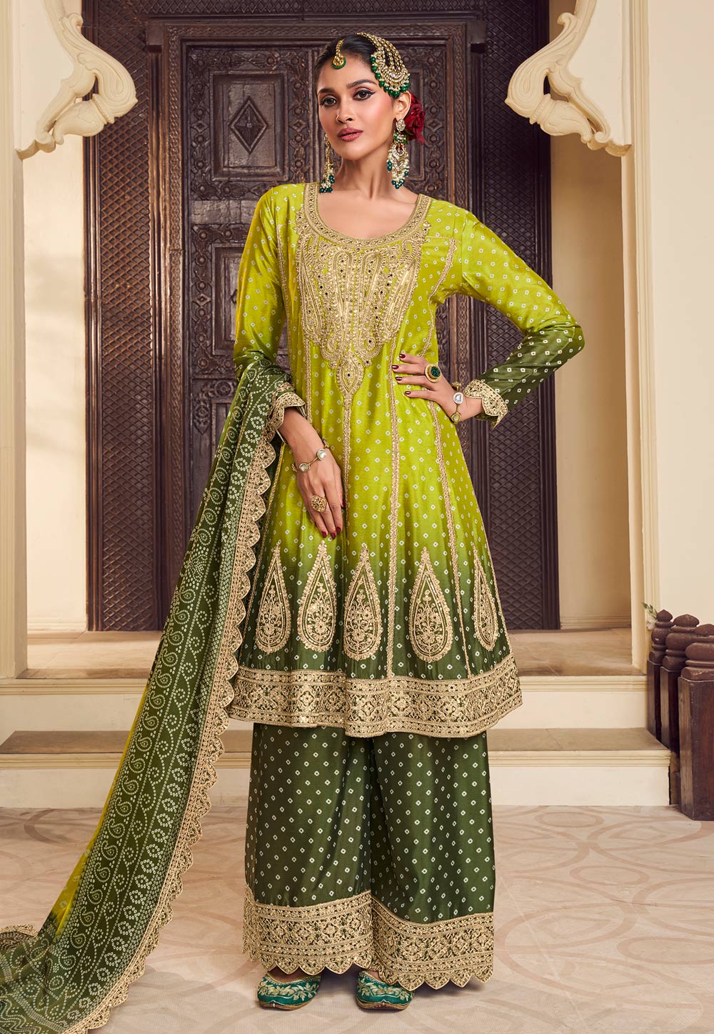 Mehndi Chinon Silk Readymade Pakistani Suit 306919
