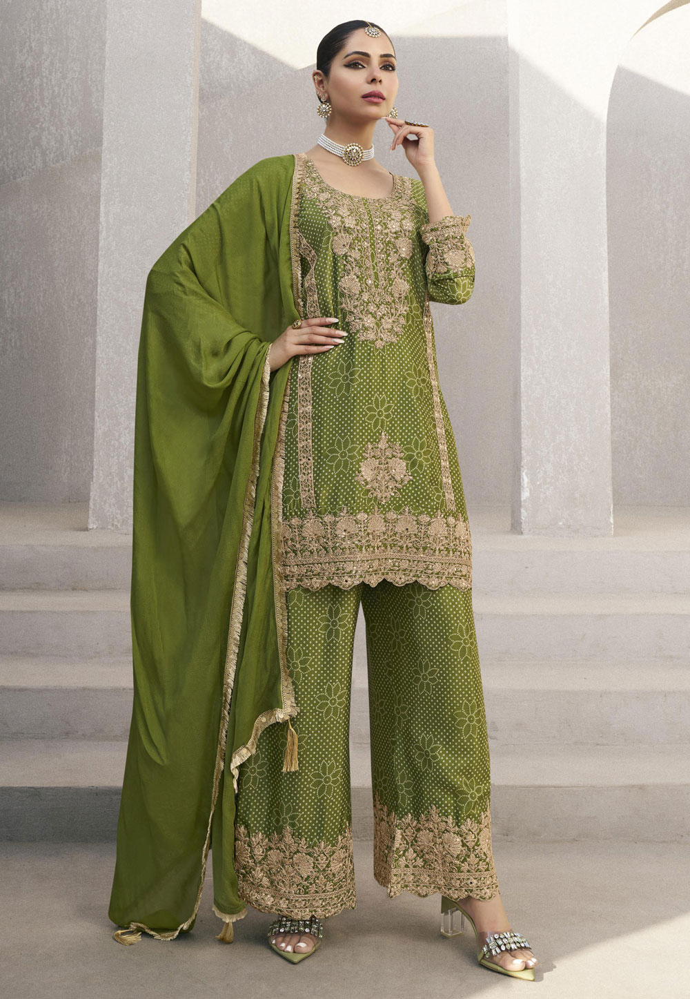 Mehndi Chinon Silk Readymade Pakistani Suit 307134
