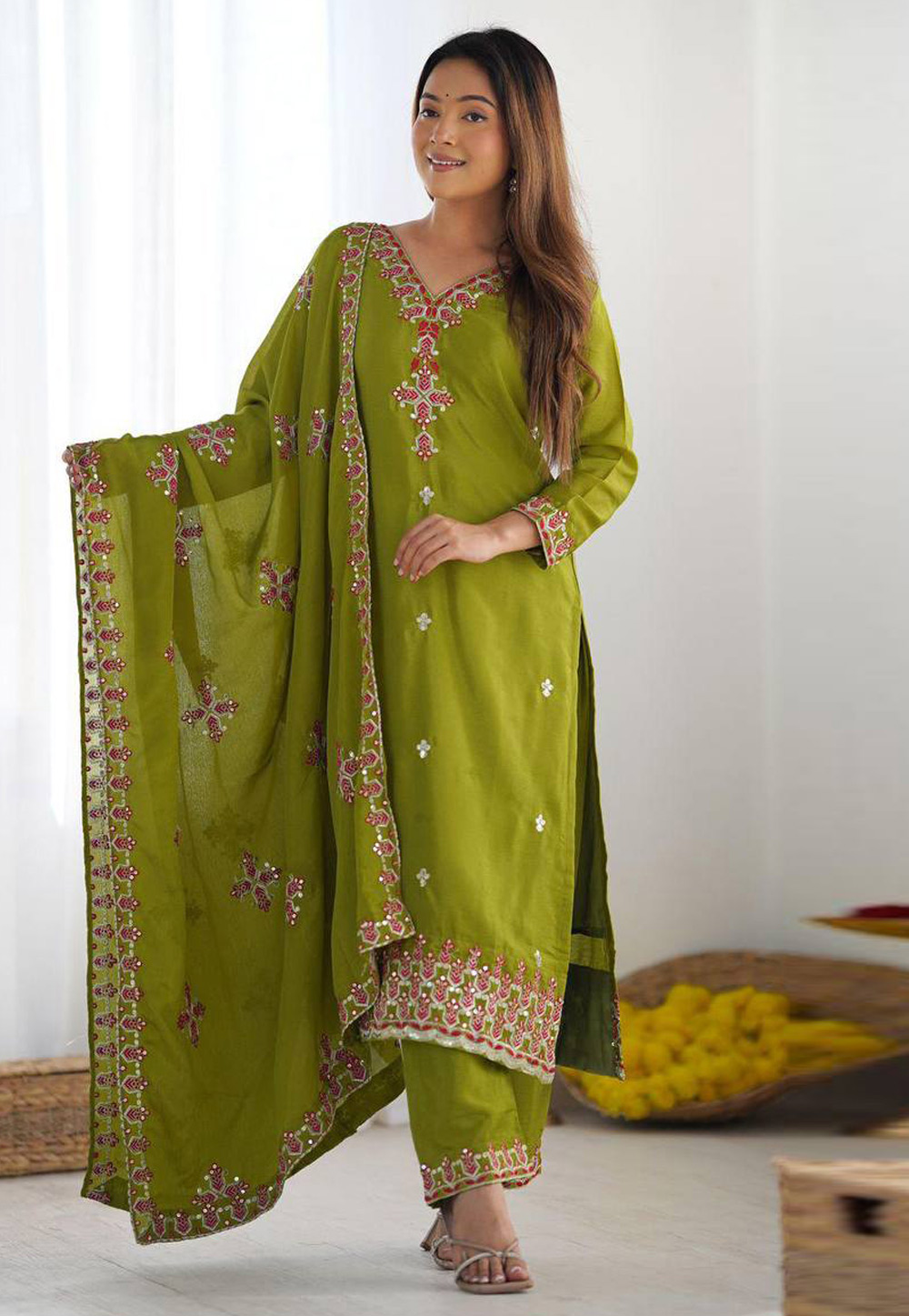 Mehndi Chinon Silk Readymade Pant Style Suit 309938