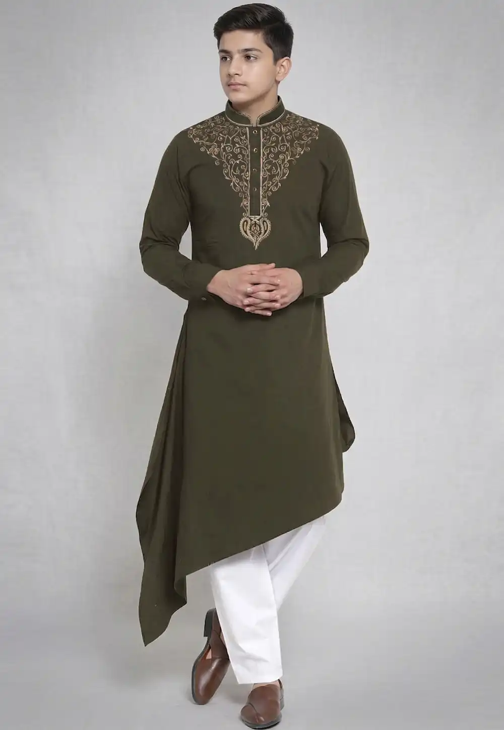 Mehndi Cotton Kids Kurta Pajama 329315