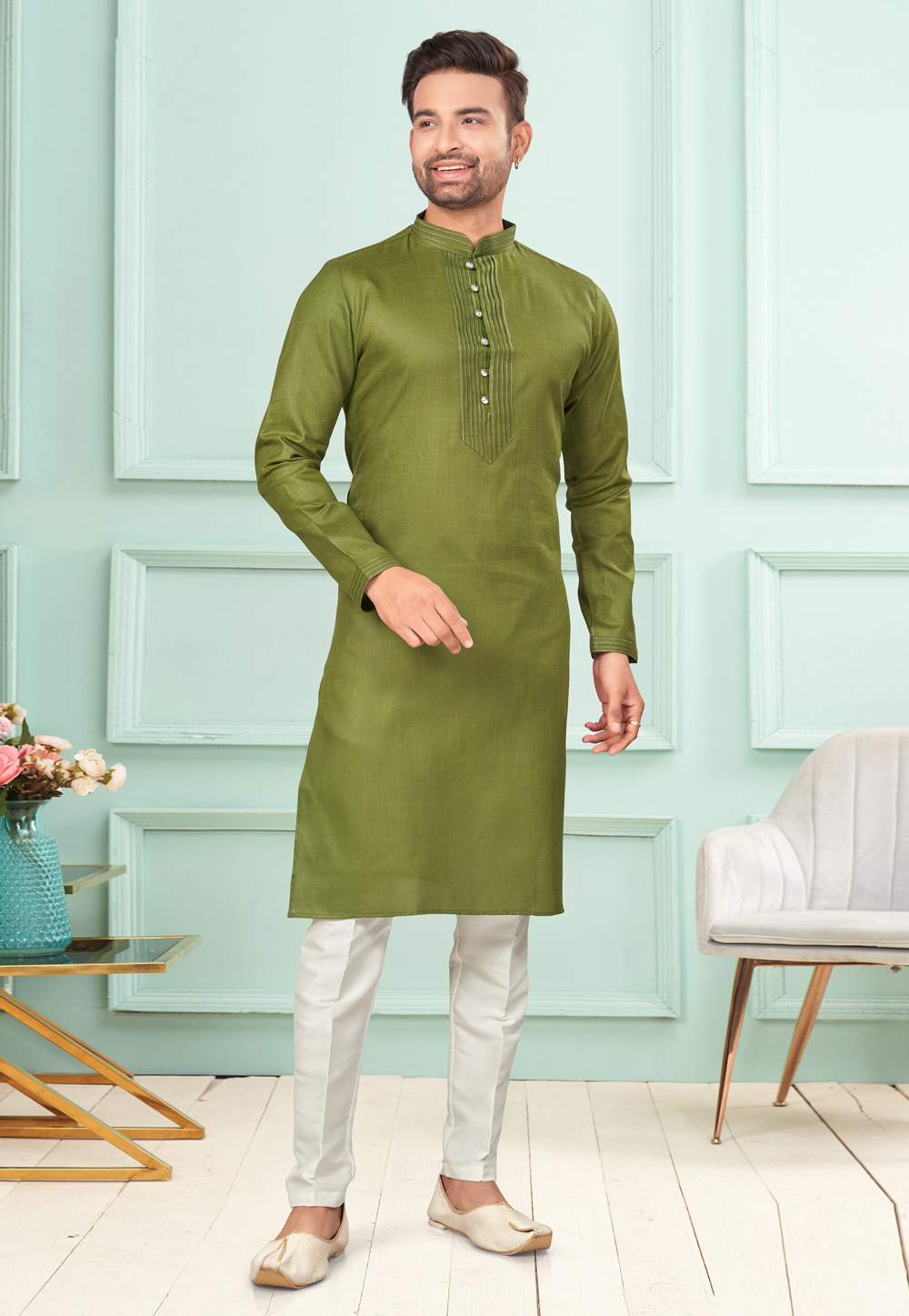 Mehndi Cotton Kurta Pajama 283878