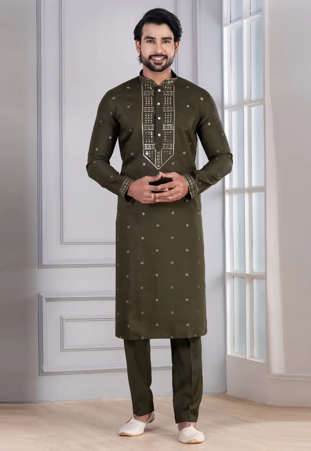 Mehndi Cotton Kurta Pajama 314629