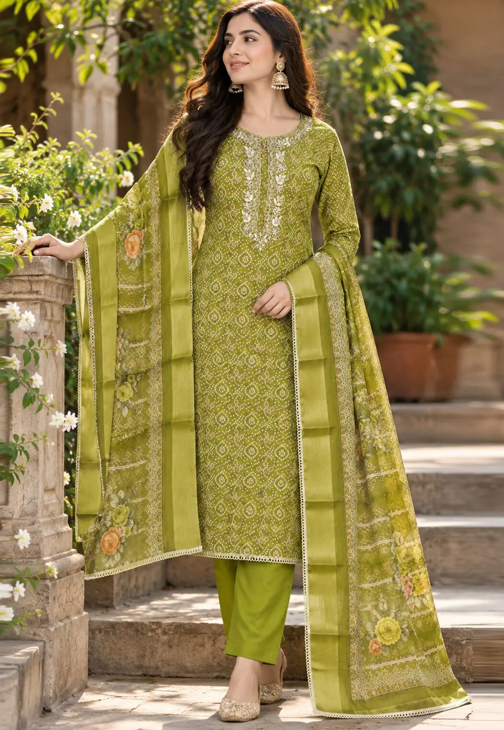 Mehndi Cotton Linen Straight Suit 337022