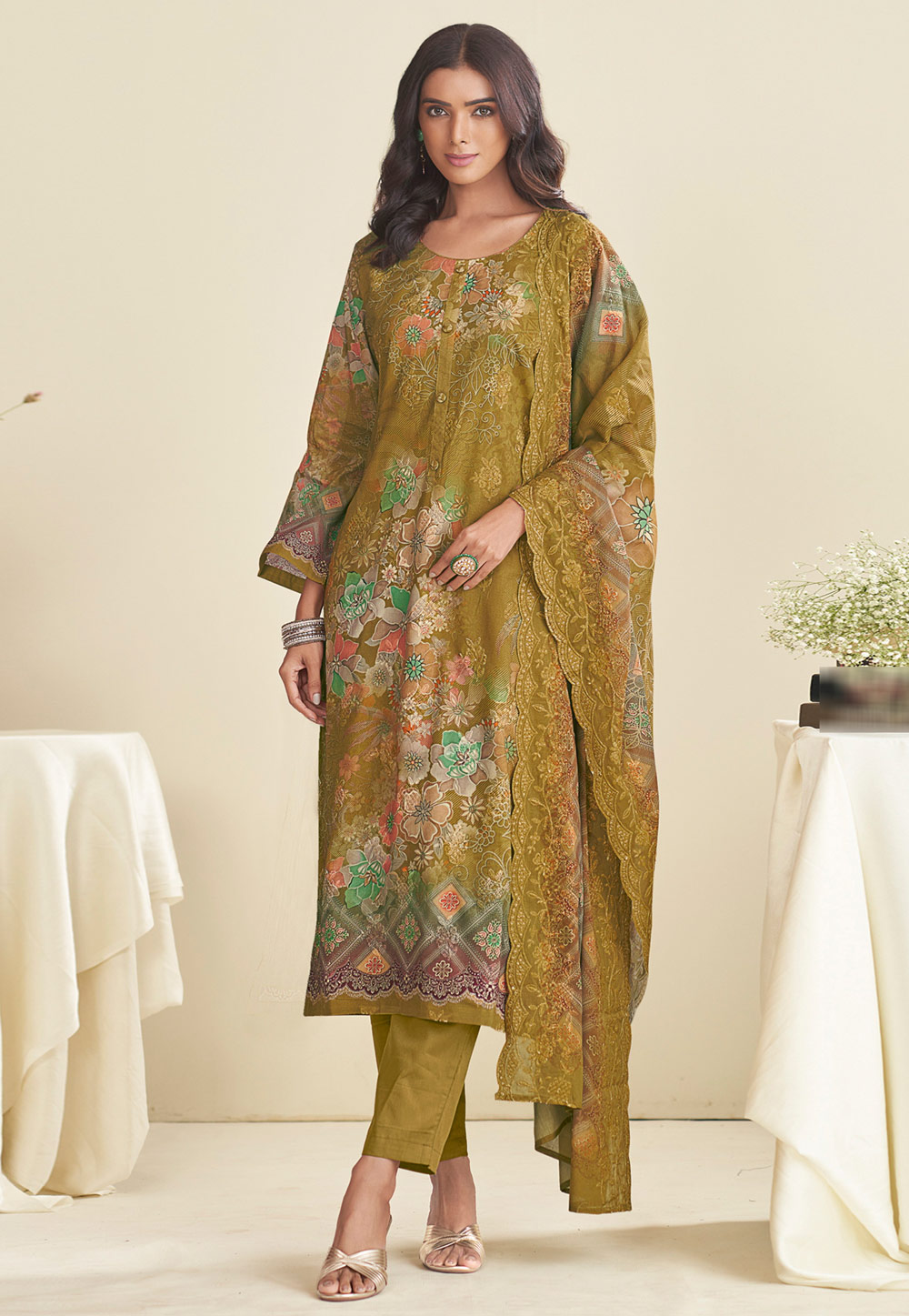 Mehndi Cotton Pakistani Suit 318230