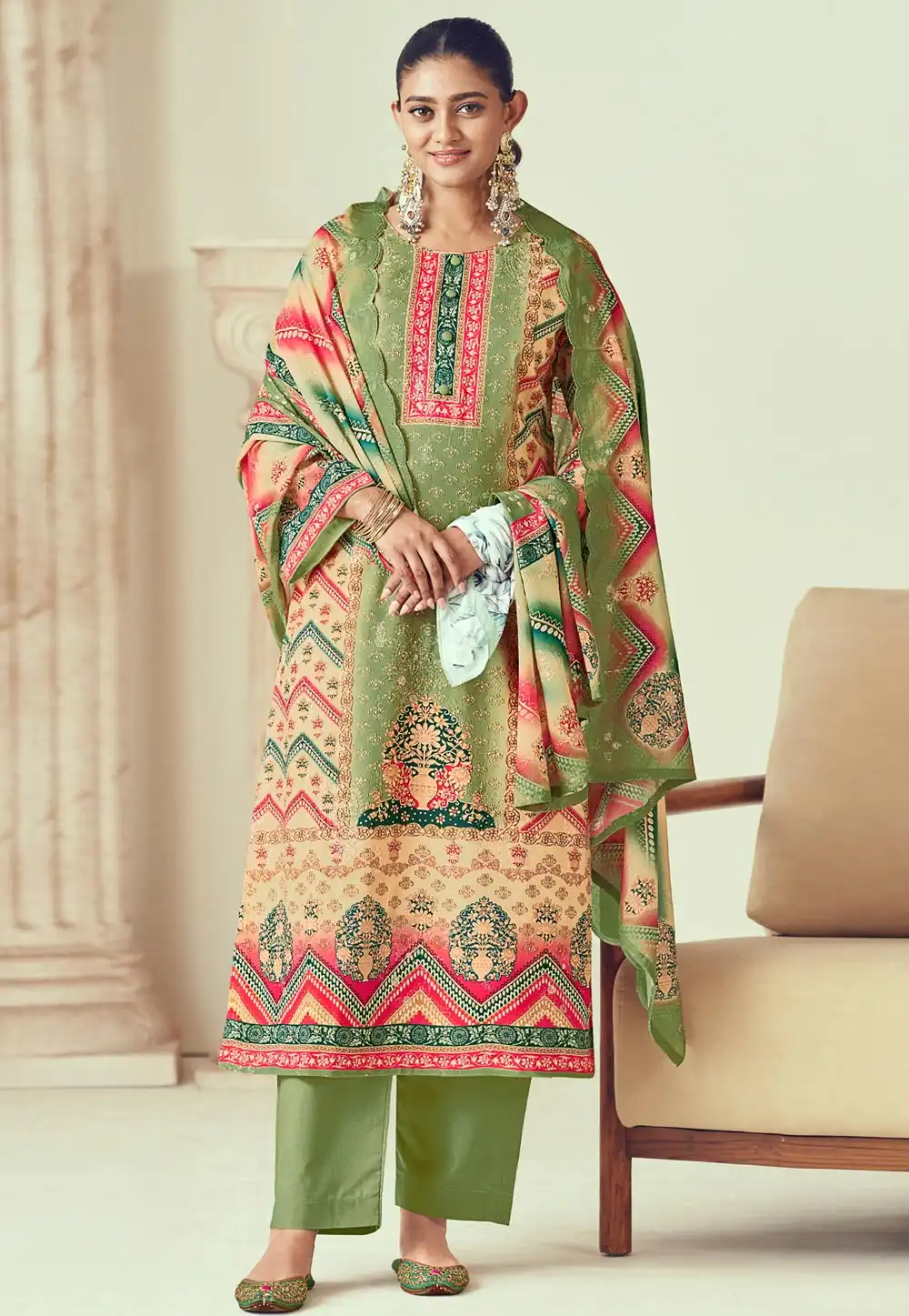 Mehndi Cotton Pant Style Suit 313709