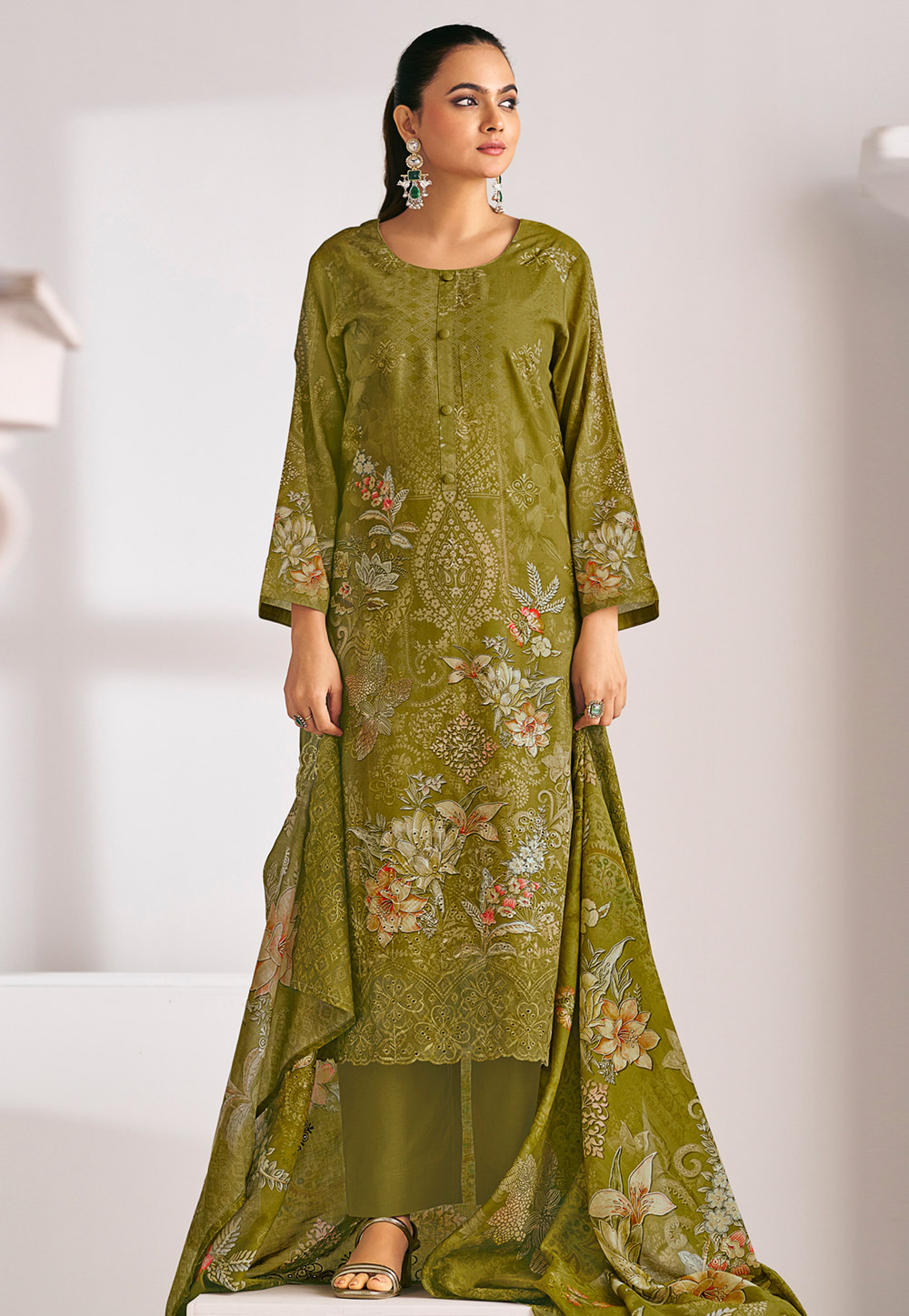 Mehndi Cotton Pant Style Suit 319920