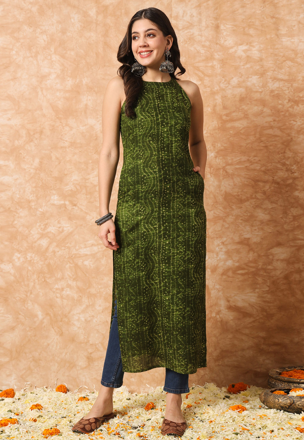 Mehndi Cotton Printed Kurti 308270