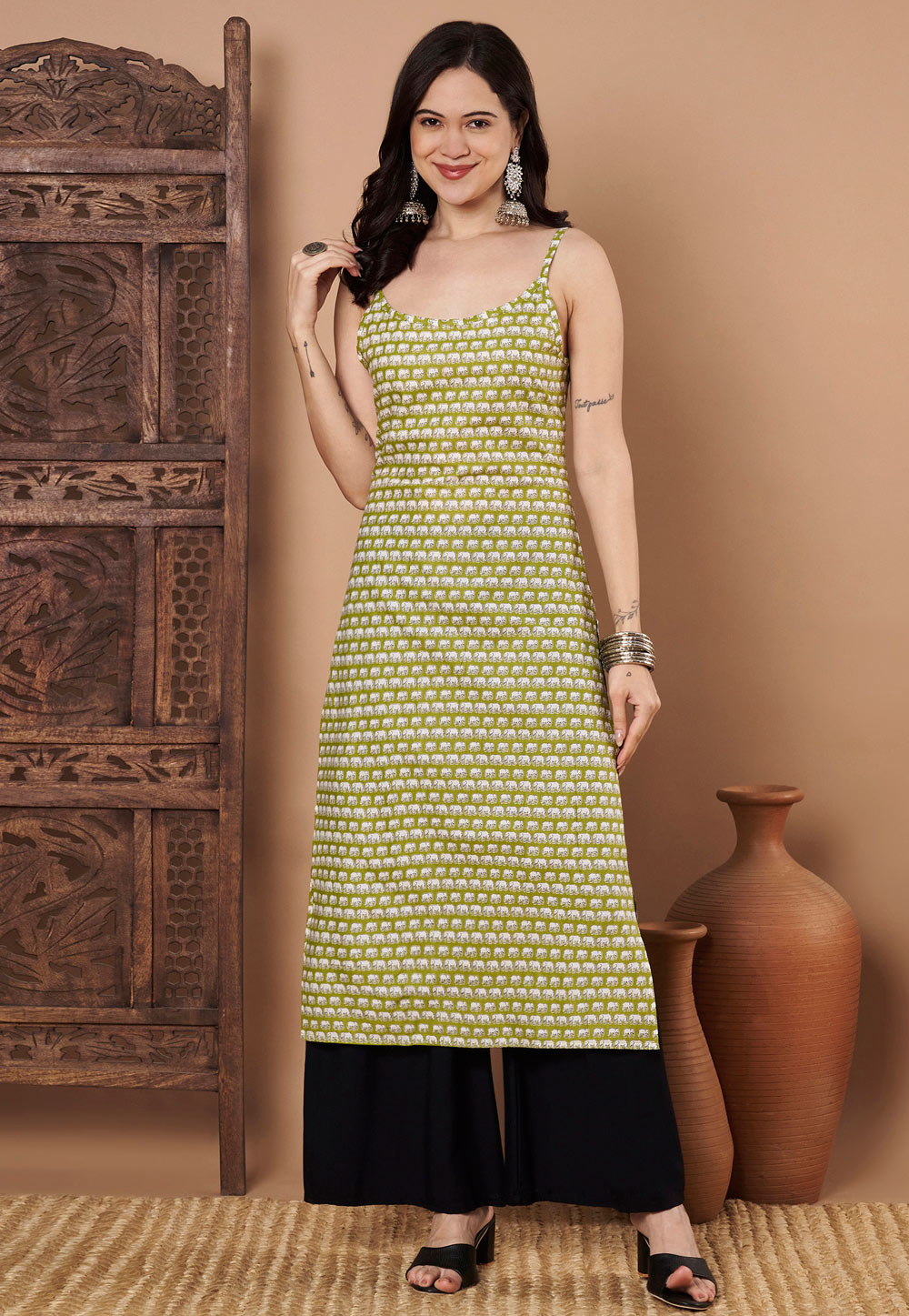 Mehndi Cotton Printed Long Tunic 323713