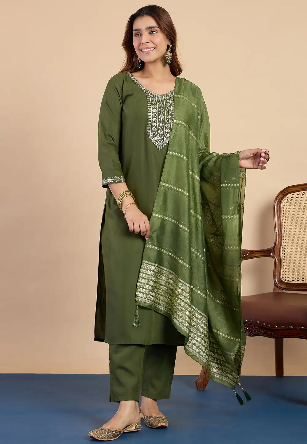 Mehndi Cotton Readymade Pakistani Suit 328305