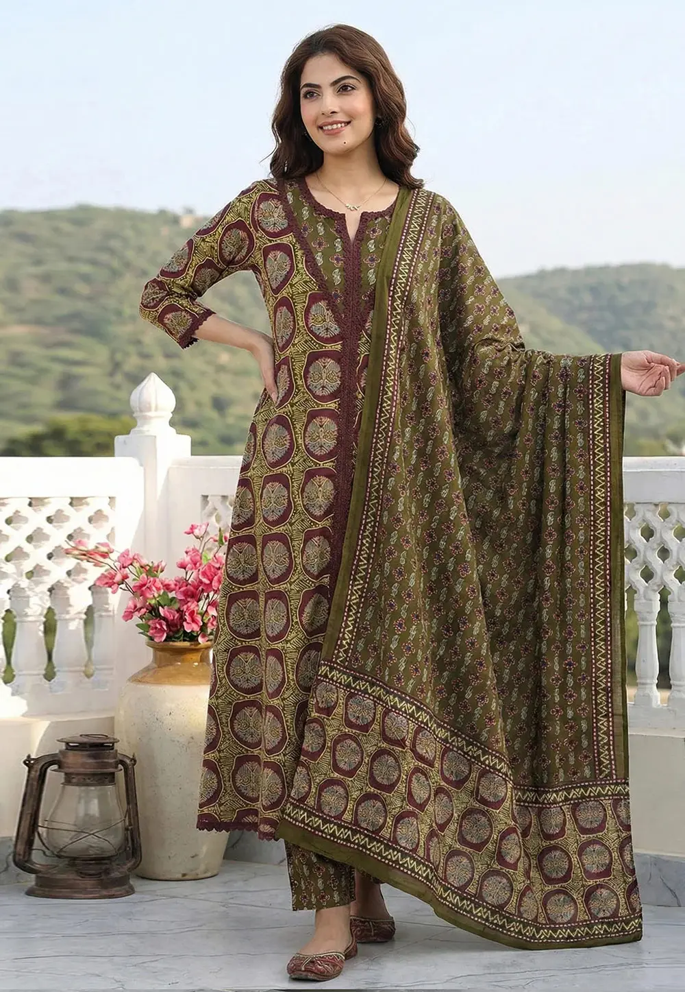 Mehndi Cotton Readymade Pant Style Suit 331433