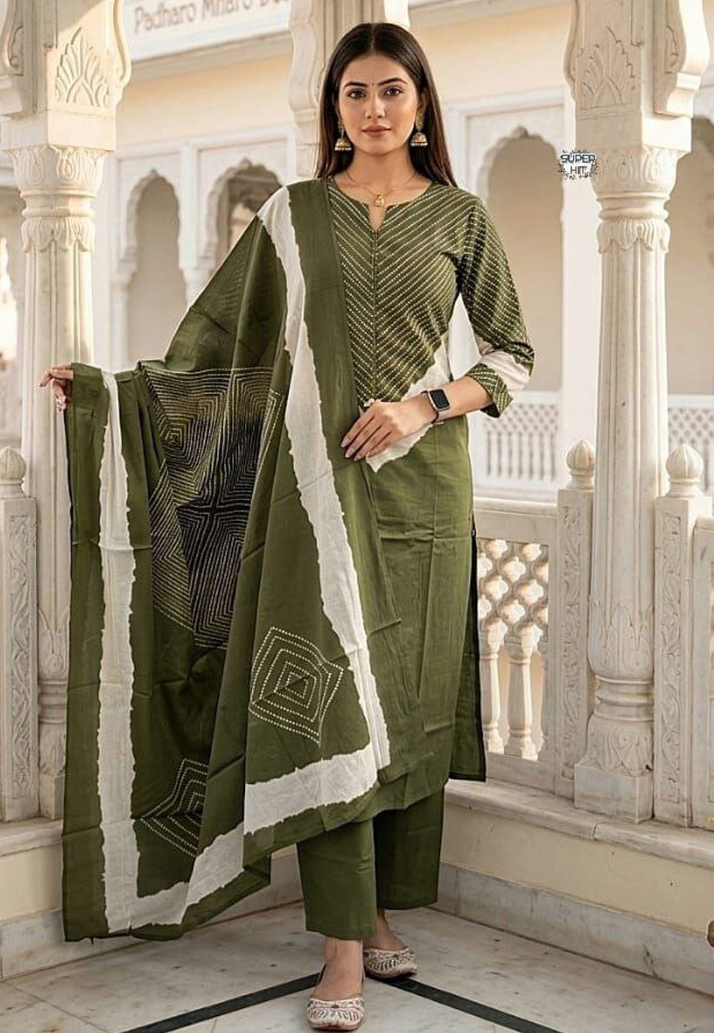 Mehndi Cotton Readymade Pant Style Suit 327029