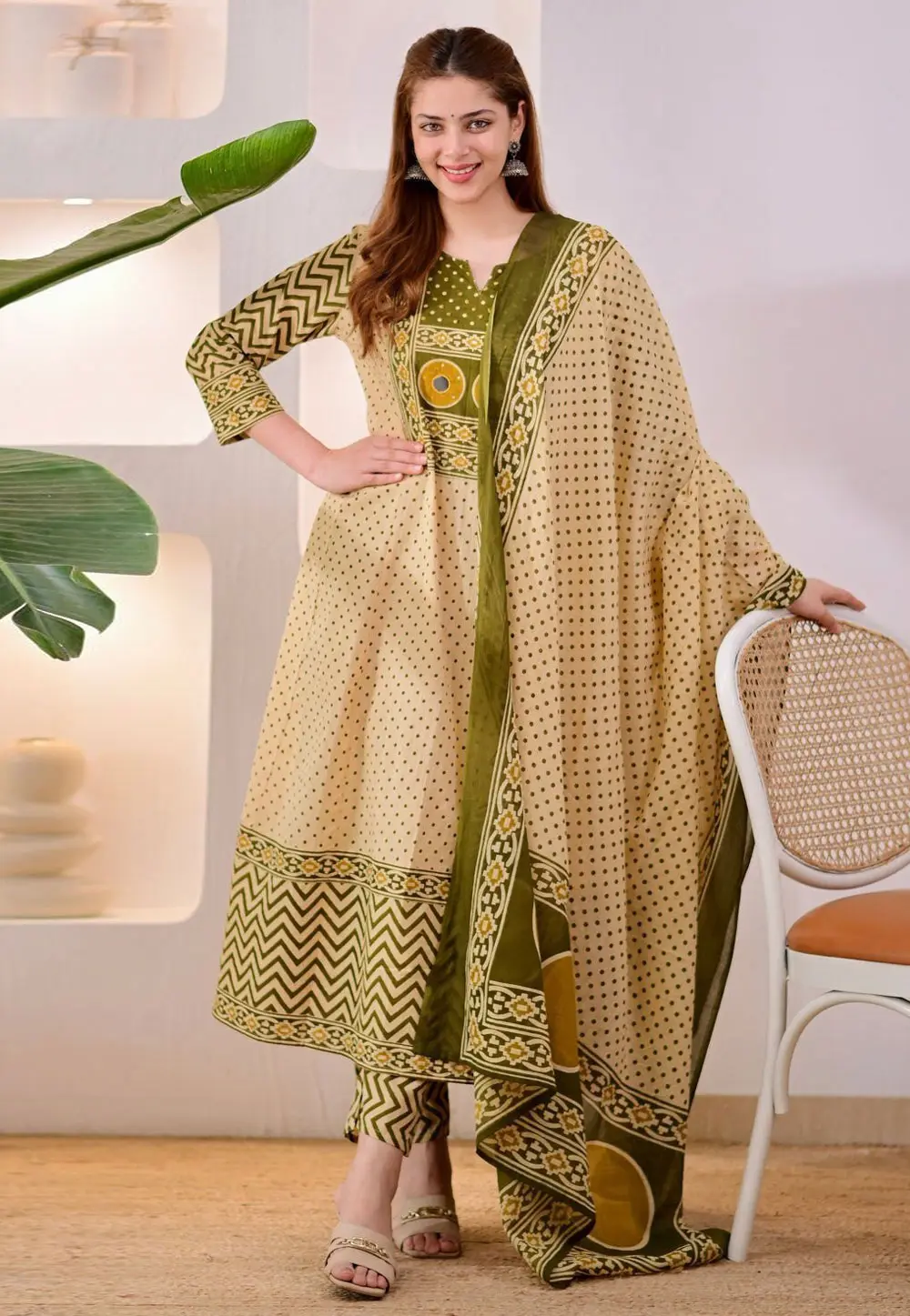 Mehndi Cotton Readymade Pant Style Suit 332379