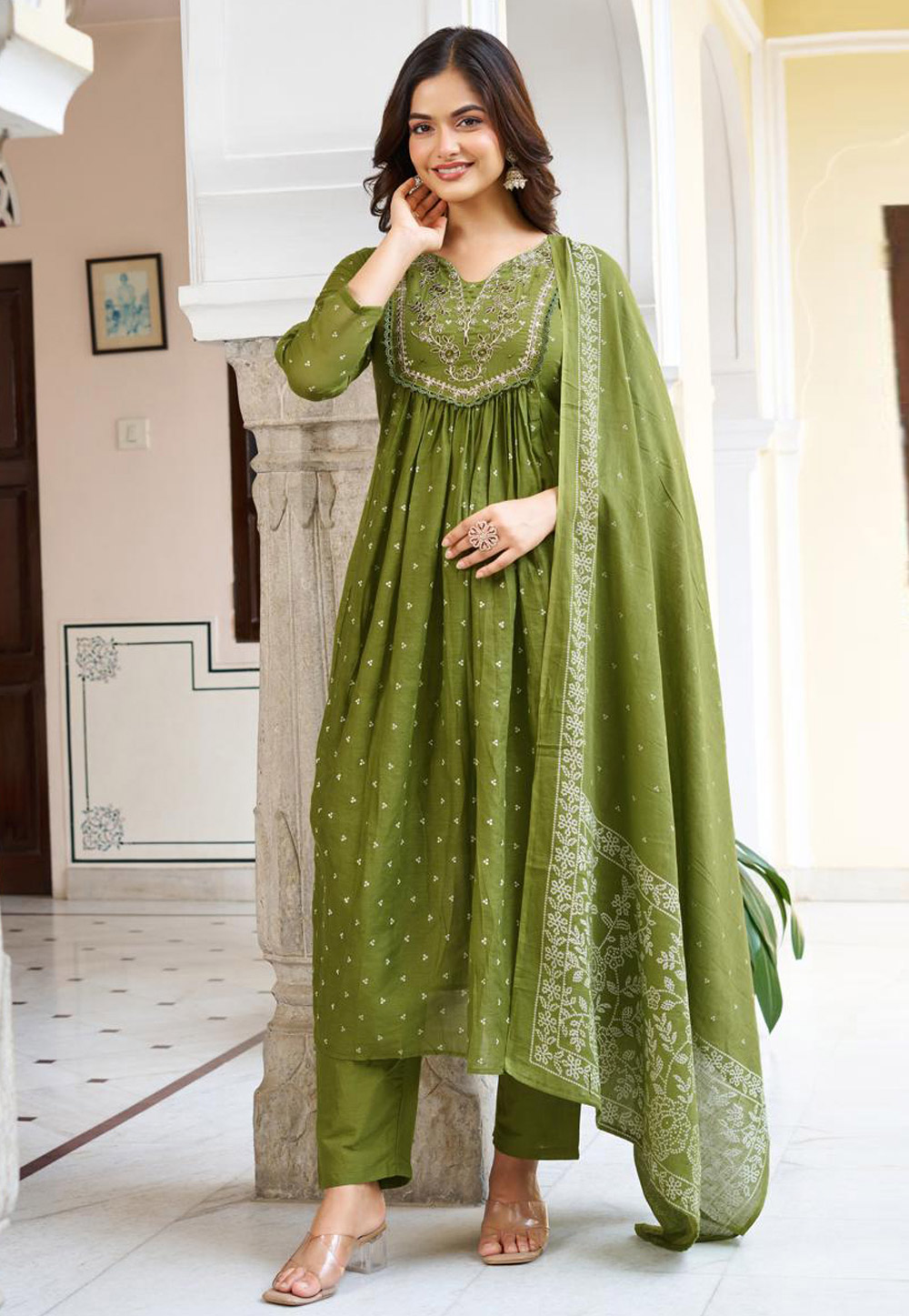Mehndi Cotton Readymade Pant Style Suit 312343