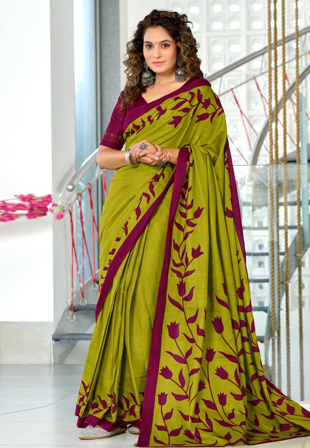 Mehndi Cotton Saree With Blouse 311413