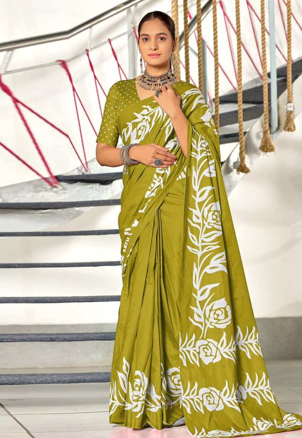 Mehndi Cotton Saree With Blouse 311812