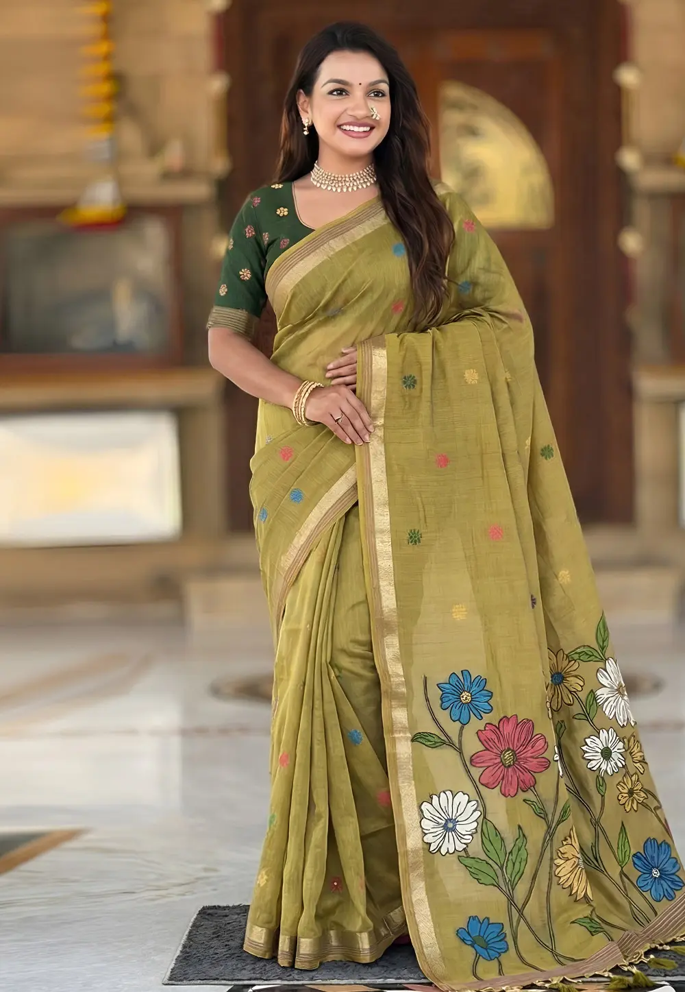 Mehndi Cotton Saree With Blouse 331406