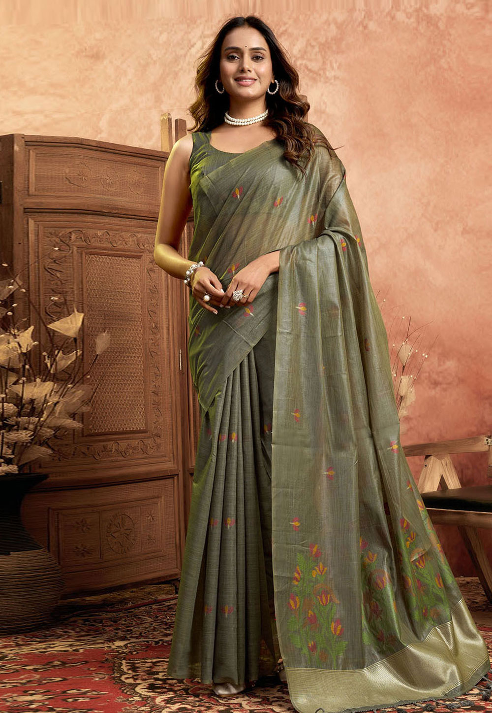Mehndi Cotton Saree With Blouse 312508