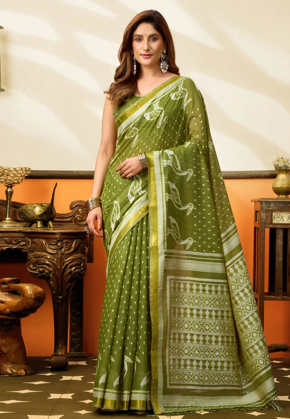 Mehndi Cotton Saree With Blouse 334775