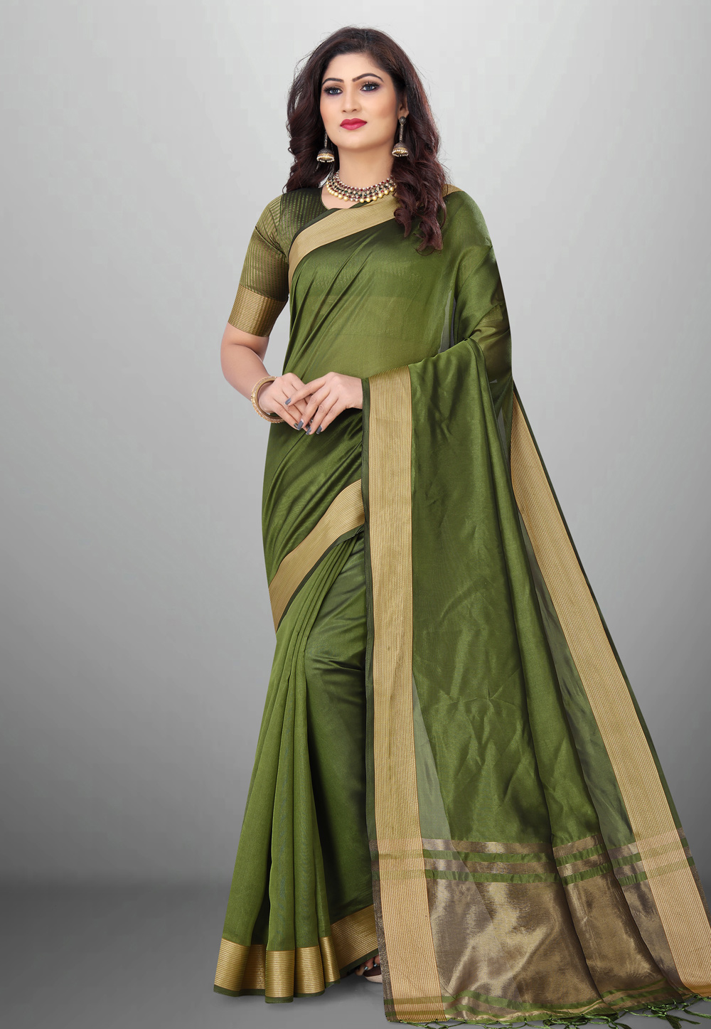 Mehndi Cotton Saree With Blouse 278450