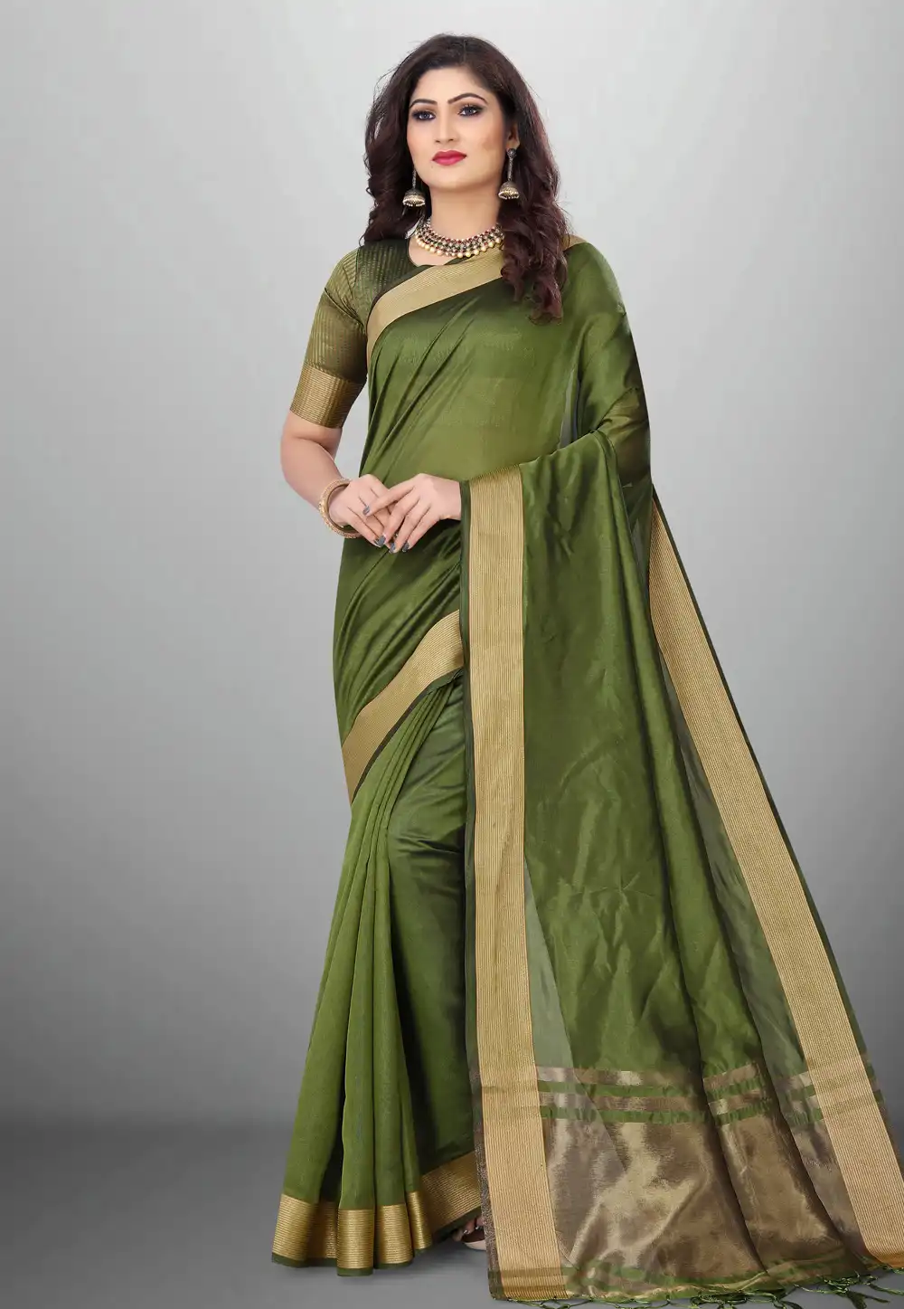 Mehndi Cotton Saree With Blouse 278450