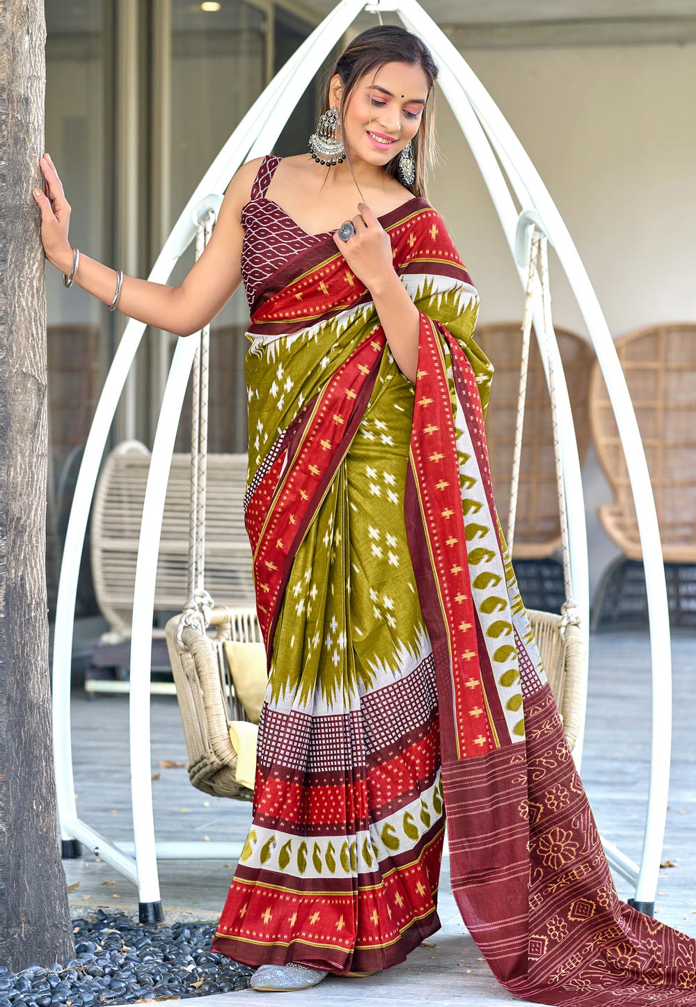 Mehndi Cotton Saree With Blouse 312175
