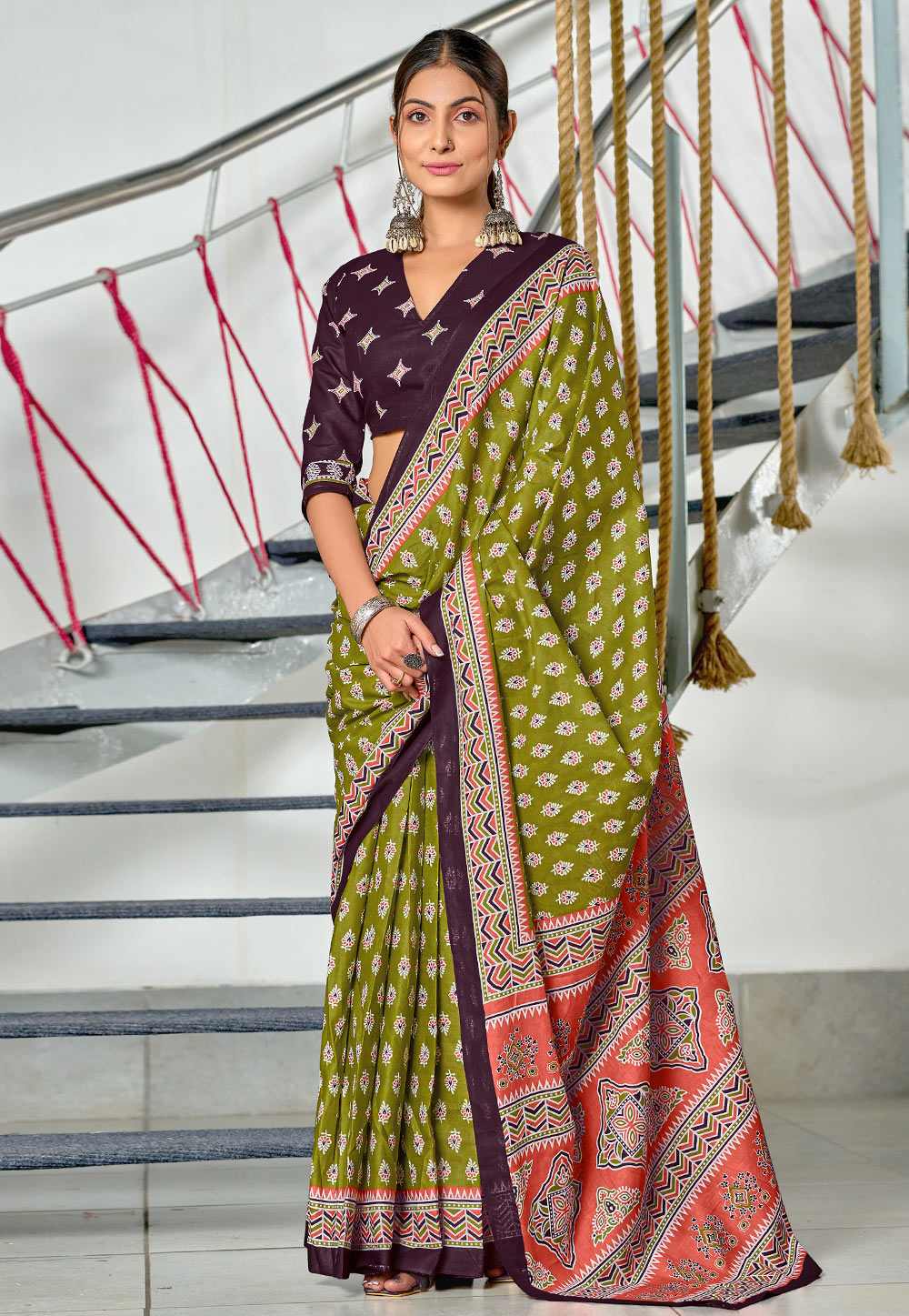Mehndi Cotton Saree With Blouse 312178