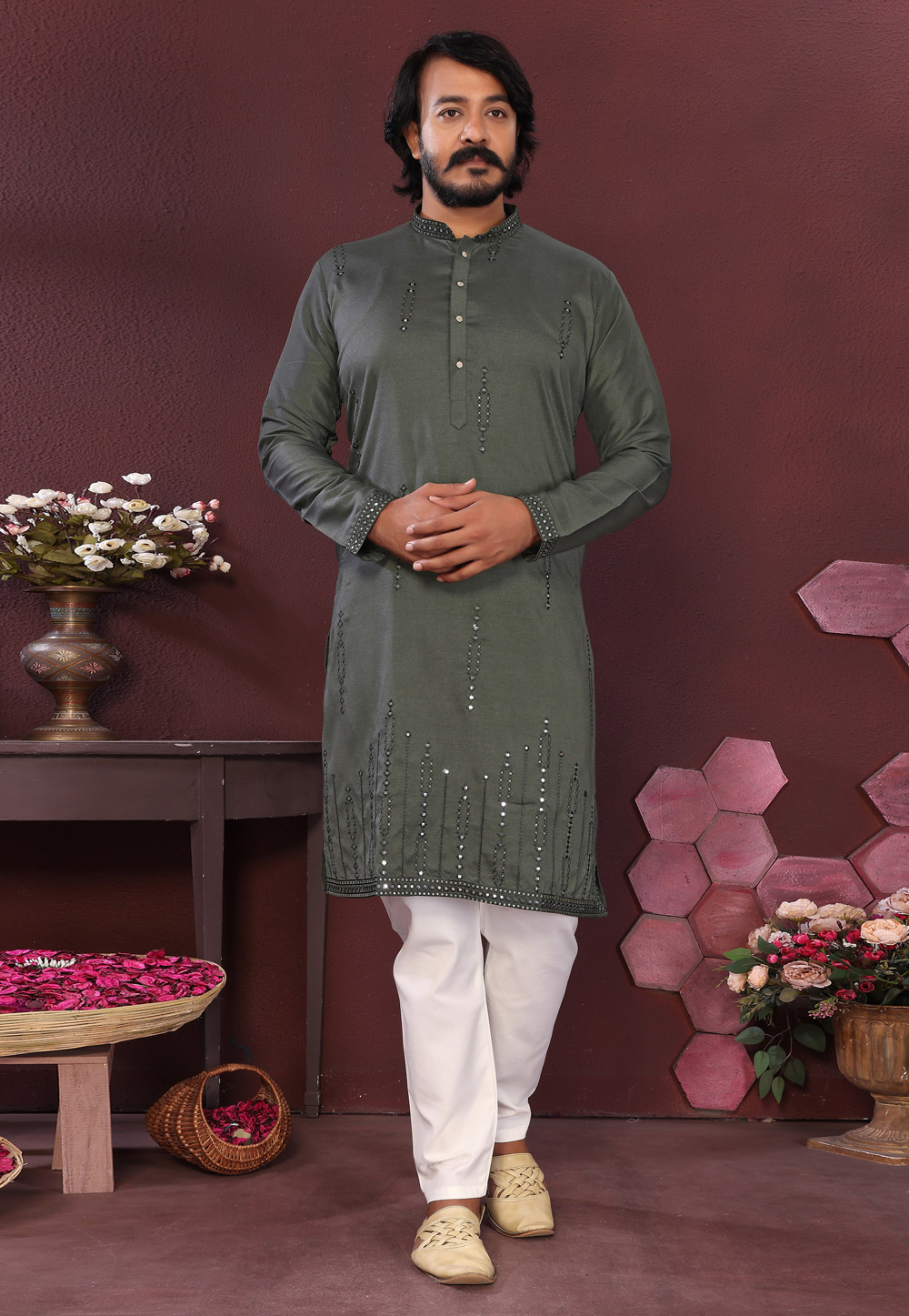 Mehndi Cotton Silk Kurta Pajama 321018