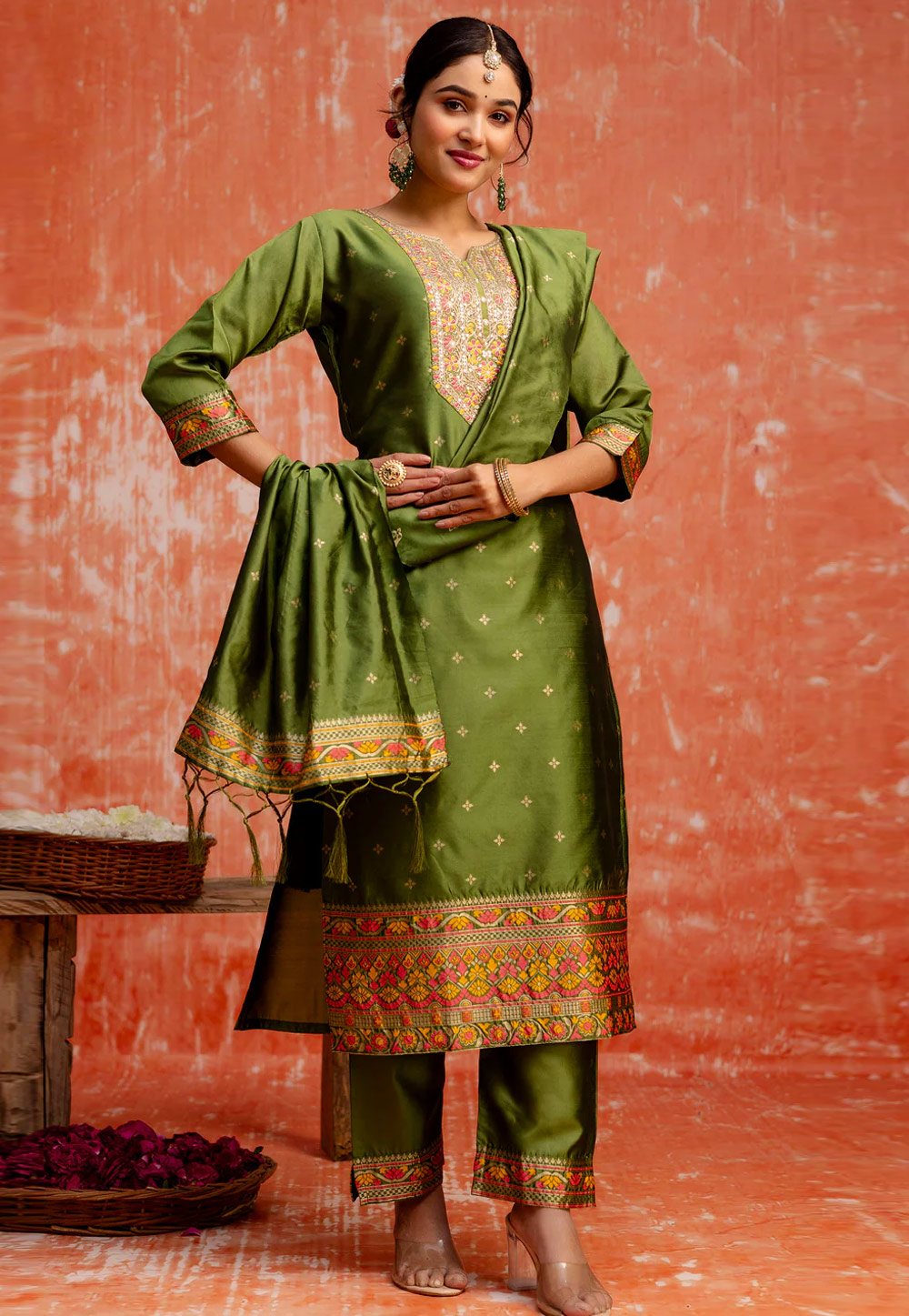 Mehndi Cotton Silk Readymade Pakistani Suit 307115