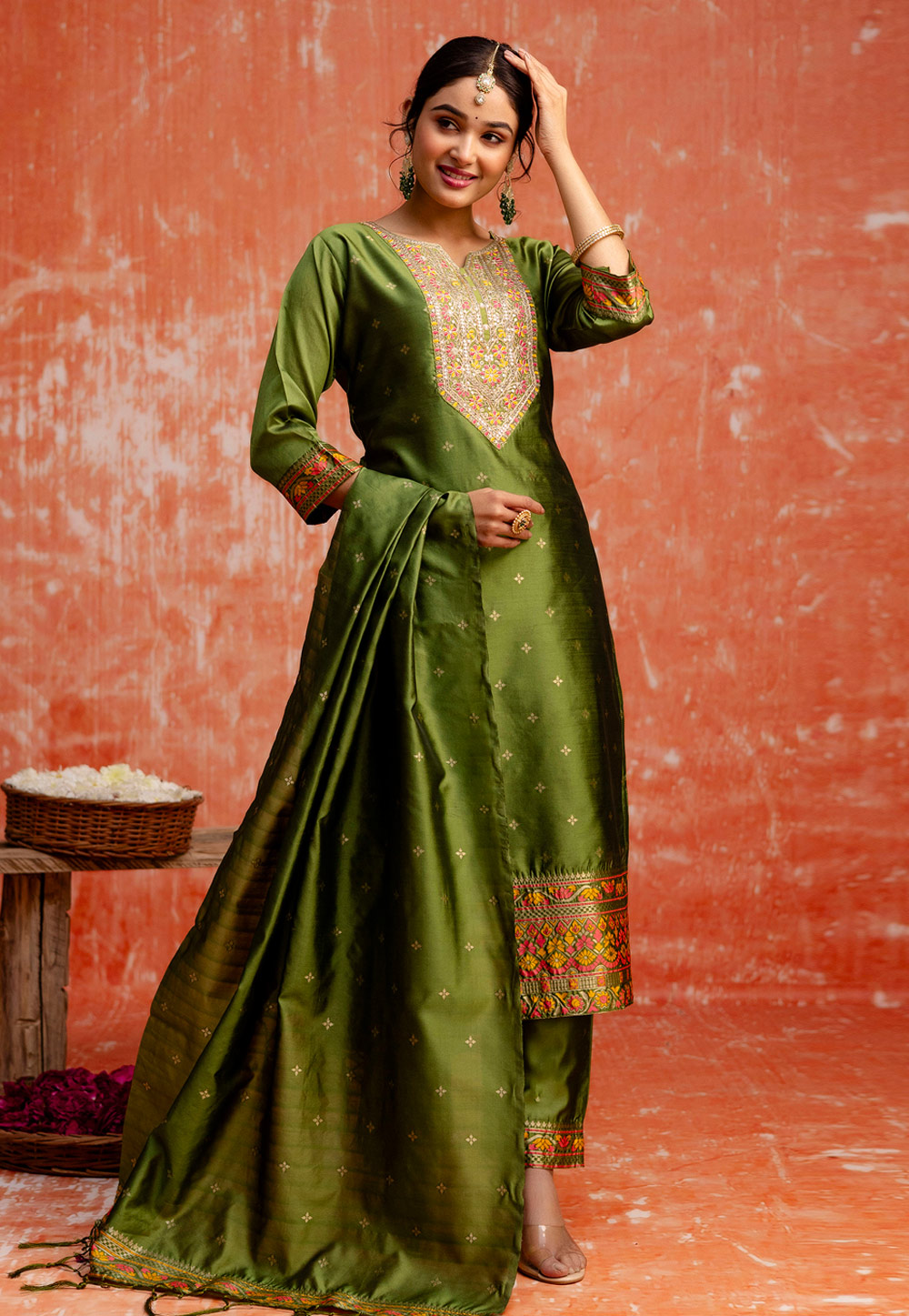 Mehndi Cotton Silk Readymade Pant Style Suit 311348
